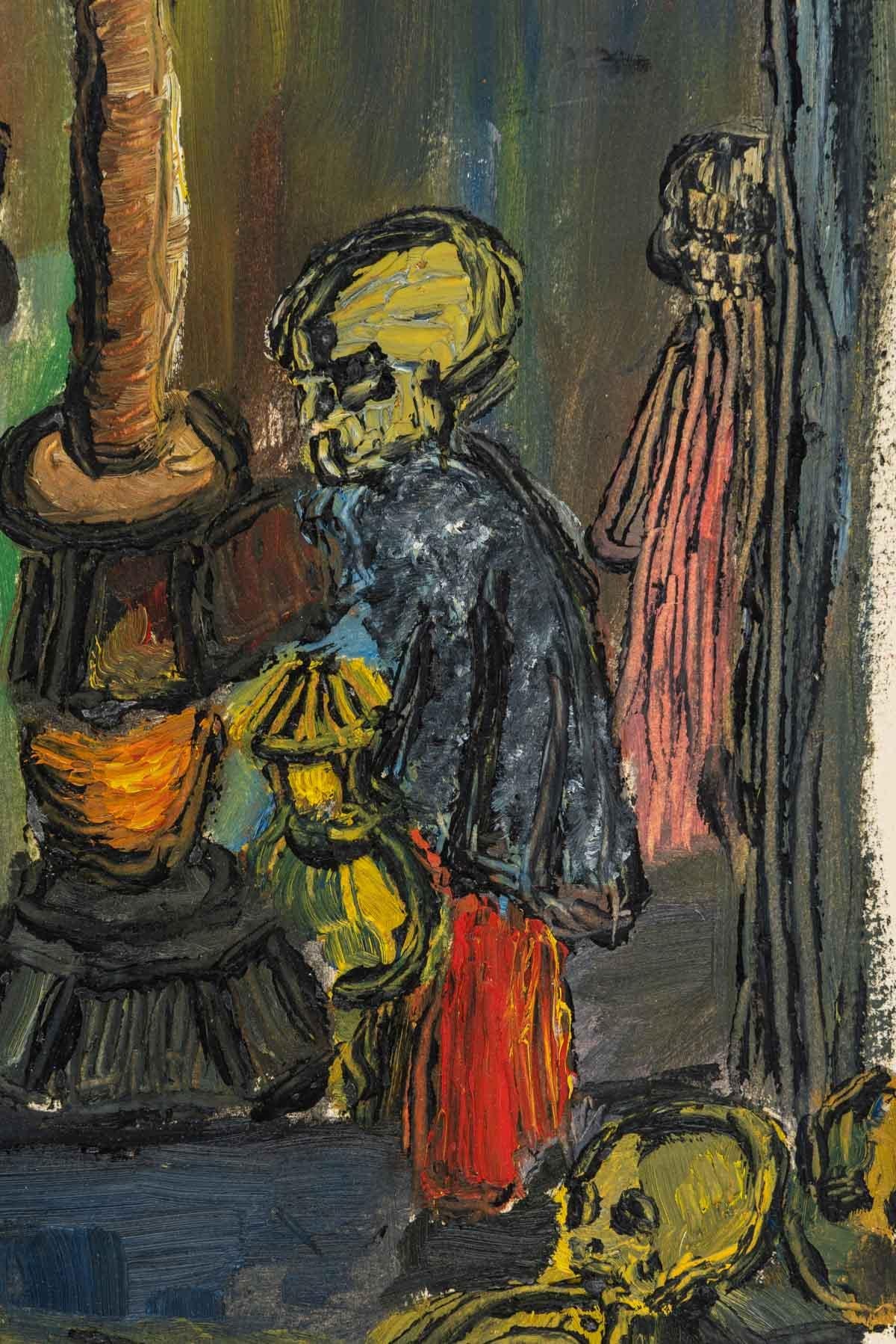 Figure by a Woodstove, Oil on Paper In Good Condition For Sale In Saint-Ouen, FR