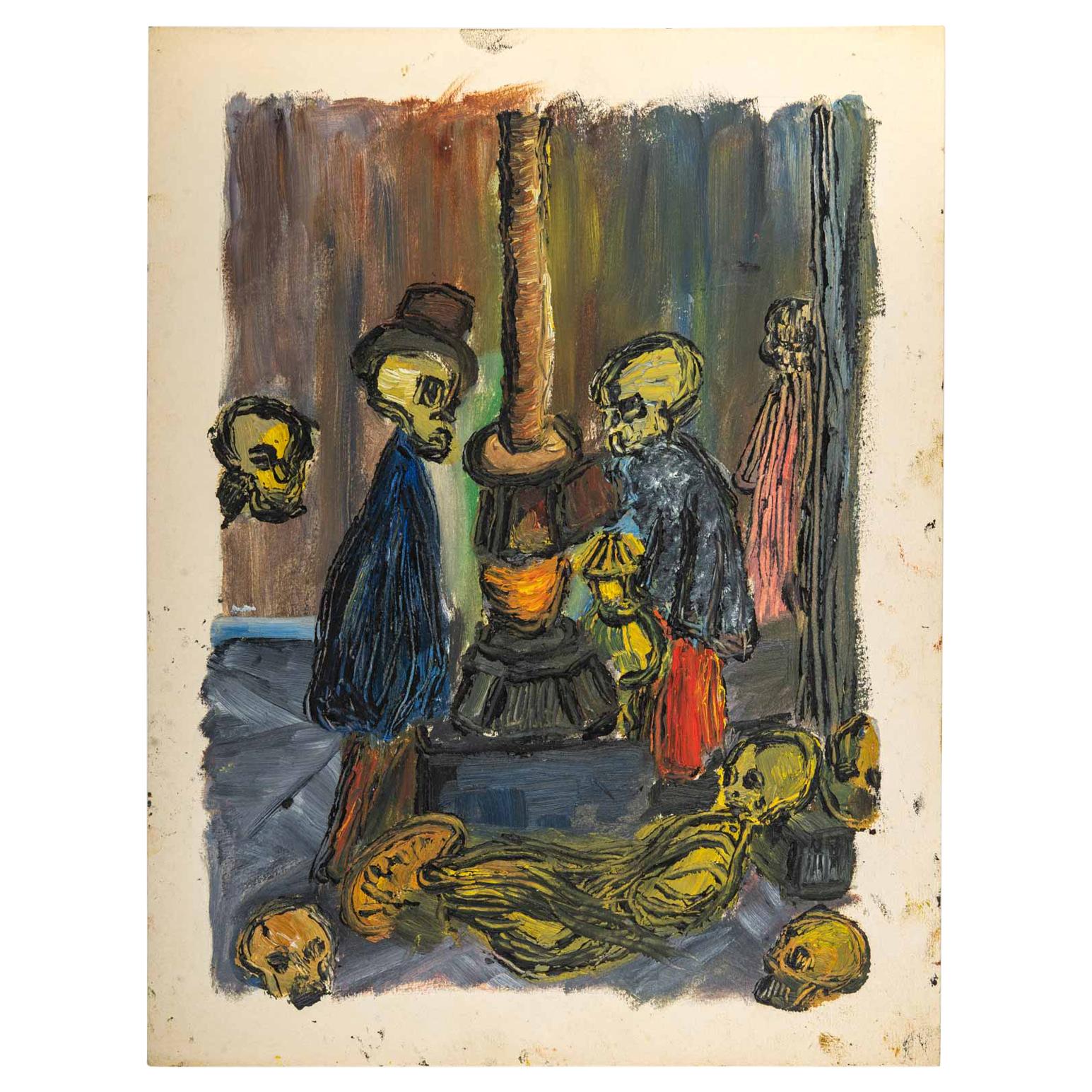 Figure by a Woodstove, Oil on Paper For Sale