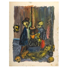 Vintage Figure by a Woodstove, Oil on Paper