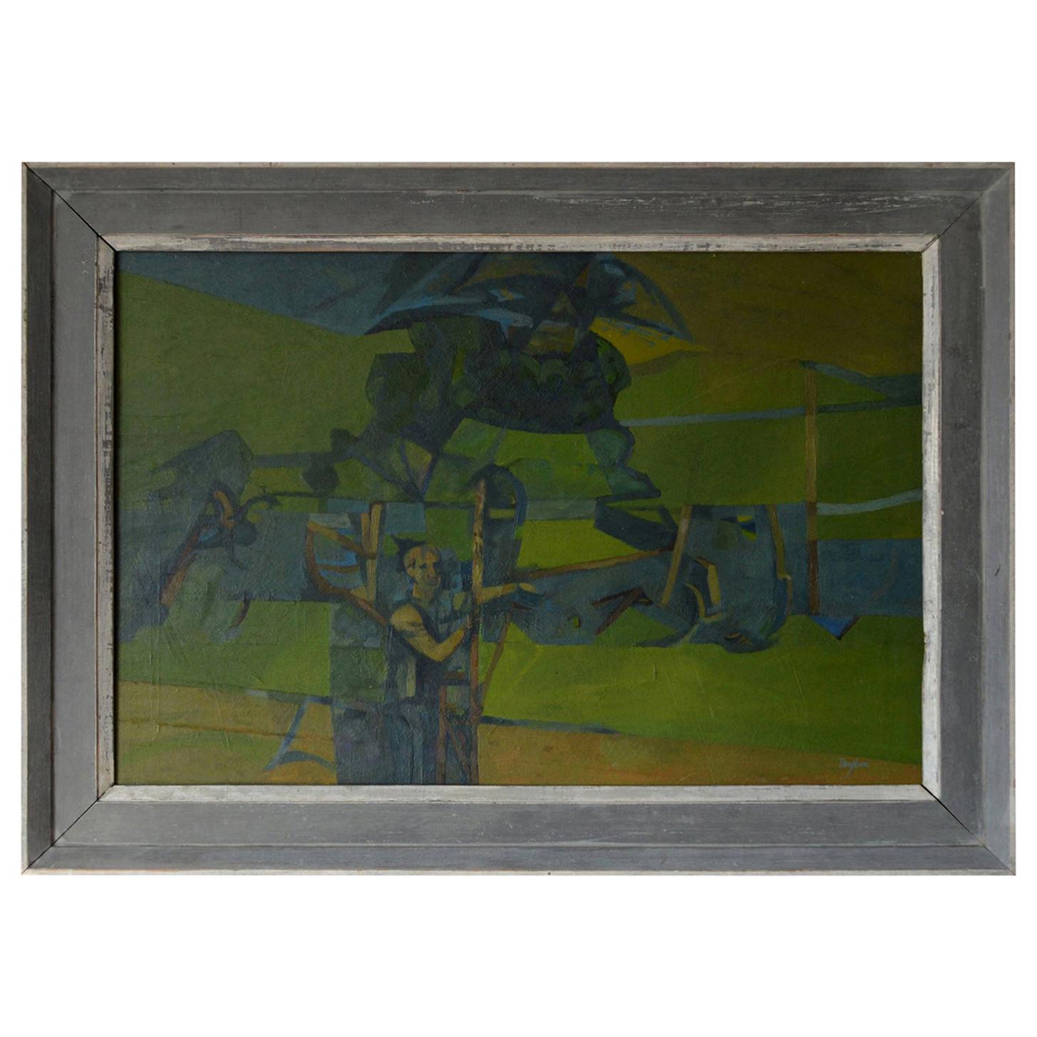 Great painting of a figure in an abstract landscape

By Yorkshire artist A. C. Taylor. In the style of Keith Vaughan.

Wonderful green colors 

Original painted frame

Oil on board.

Signed bottom right

The measurement given below is