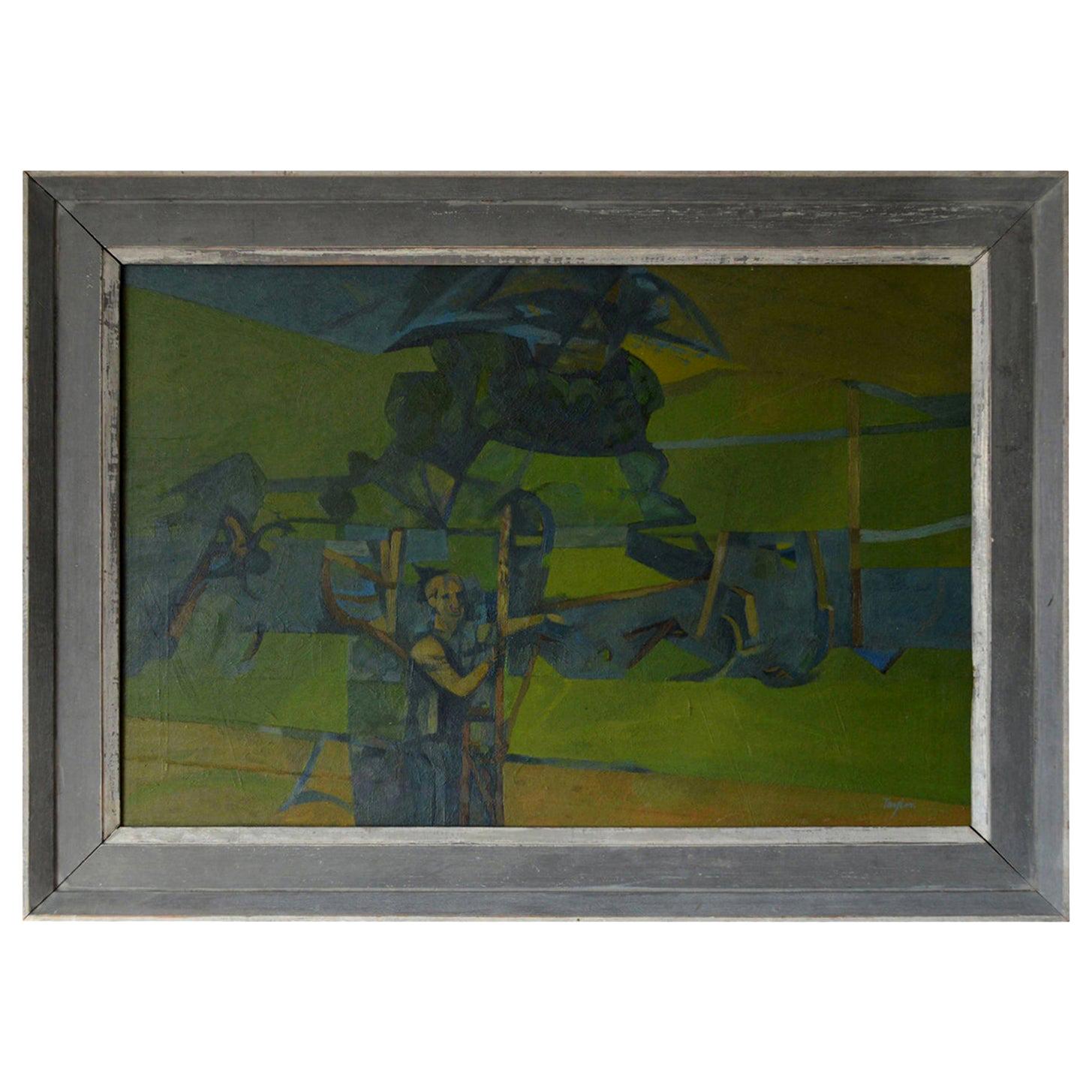 Great painting of a figure in an abstract landscape

By Yorkshire artist A. C. Taylor. In the style of Keith Vaughan.

Wonderful green colors 

Original painted frame

Oil on board.

Signed bottom right

The measurement given below is