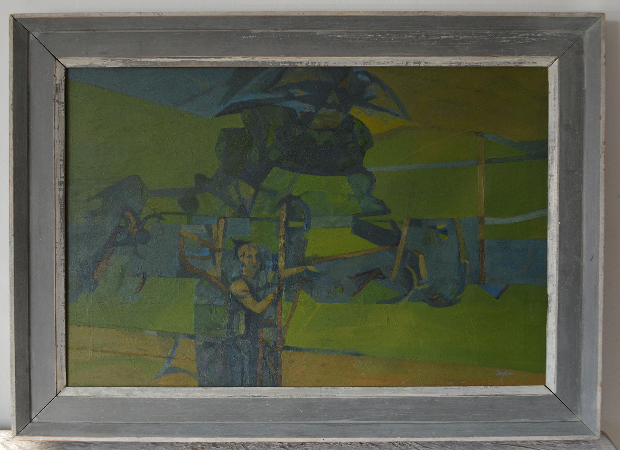 Great painting of a figure in an abstract landscape

By Yorkshire artist A. C. Taylor. In the style of Keith Vaughan.

Wonderful green colours 

Original painted frame

Oil on board.

Signed bottom right

The measurement given below is