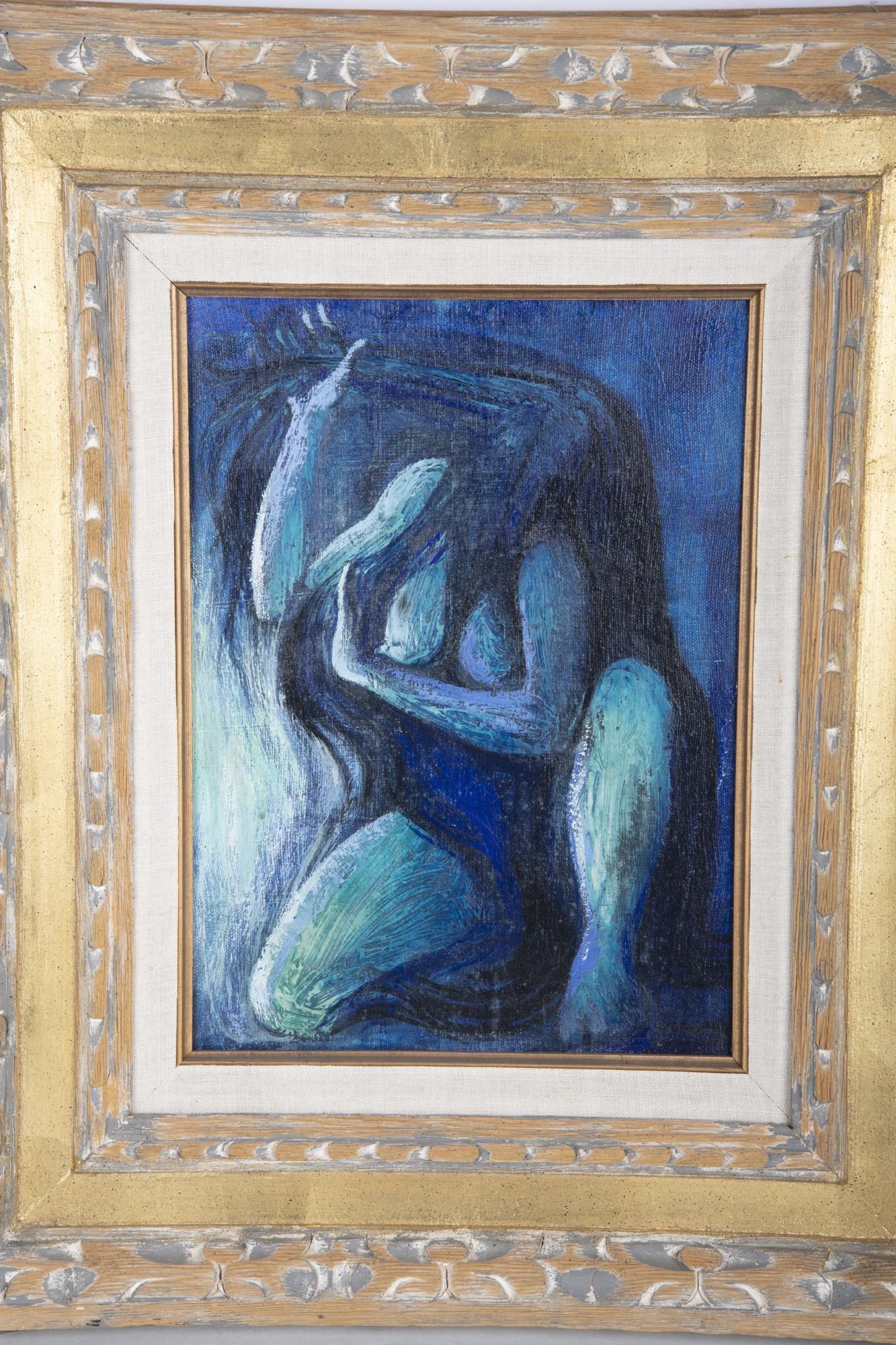 Moderne « Figure en bleu », huile sur toile, encadrée en vente