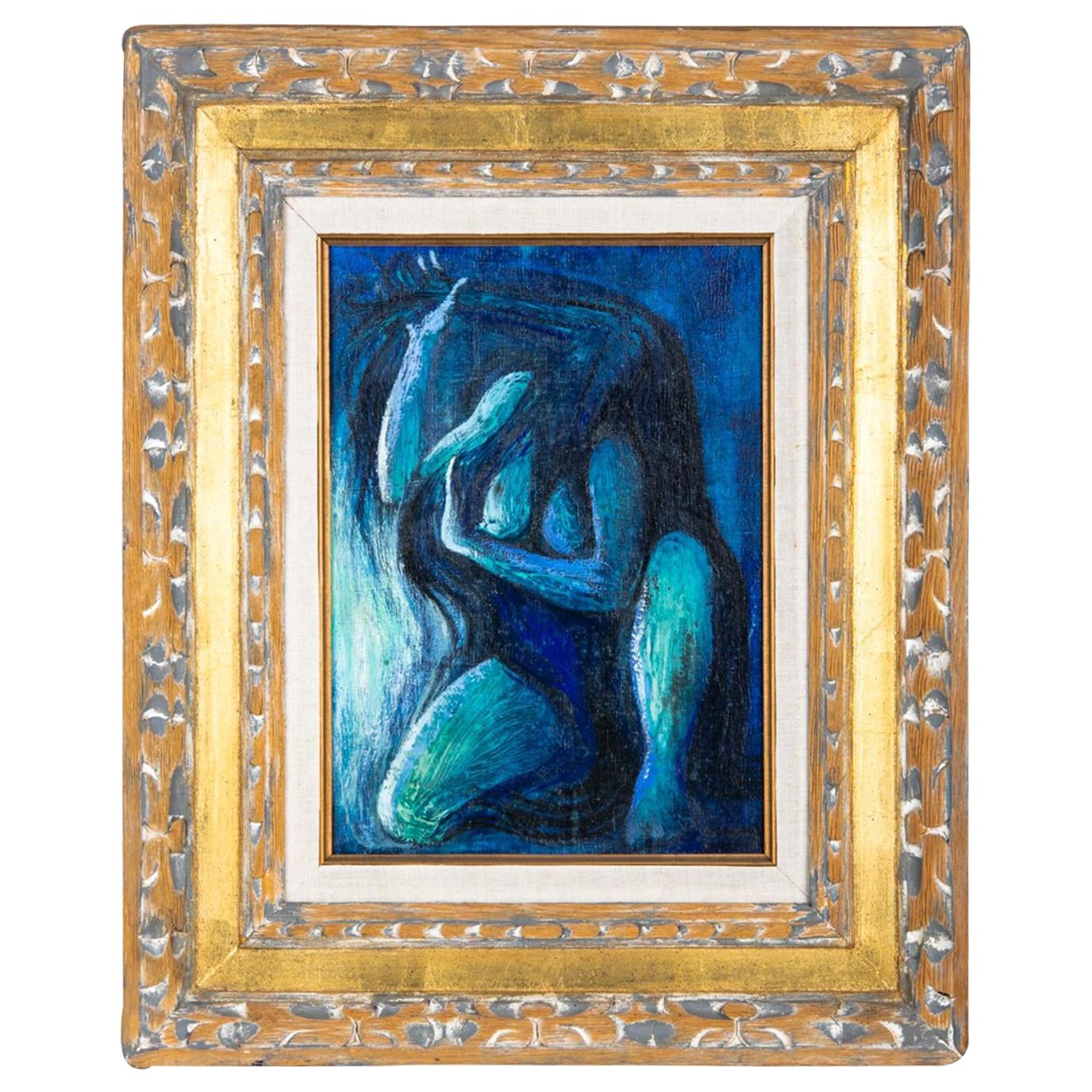"Figure in Blue", Oil on Canvas, Framed