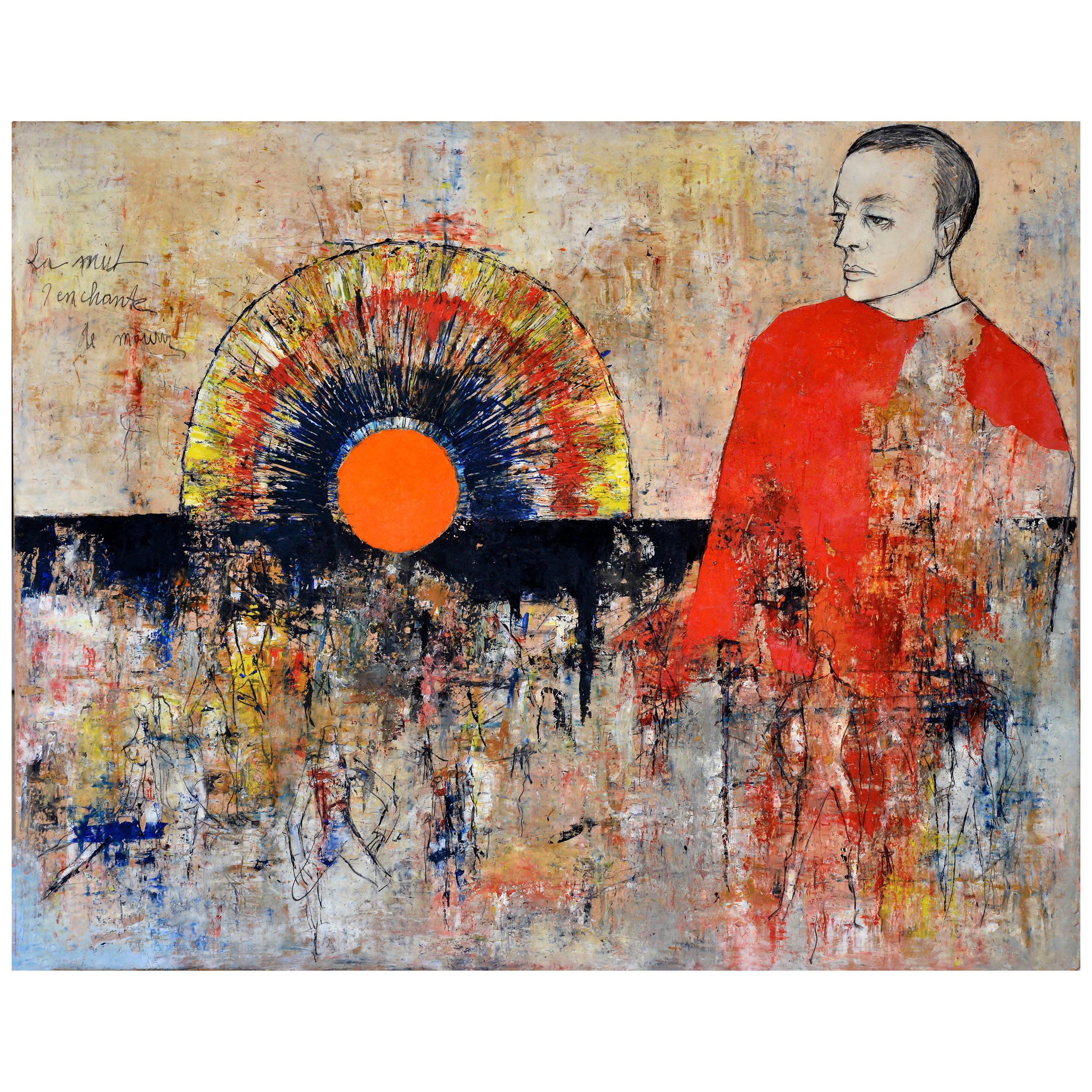 Figure in Red Contemplating an Orange Sunset on a Night Scene with Many People