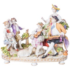 Antique Figure of a Family Playing Music Outdoors with Two Sheep, German, 19th Century