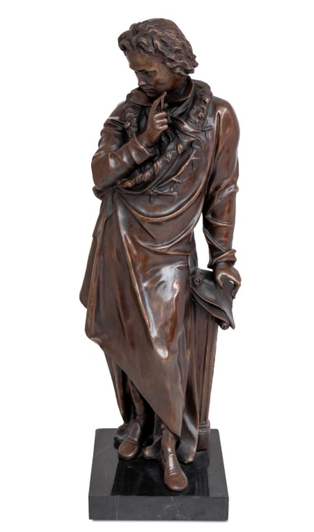 Figure of Beethoven Patinated Bronze Sculpture, late 19th century, the standing composer in thought on a square black marble plinth. 28