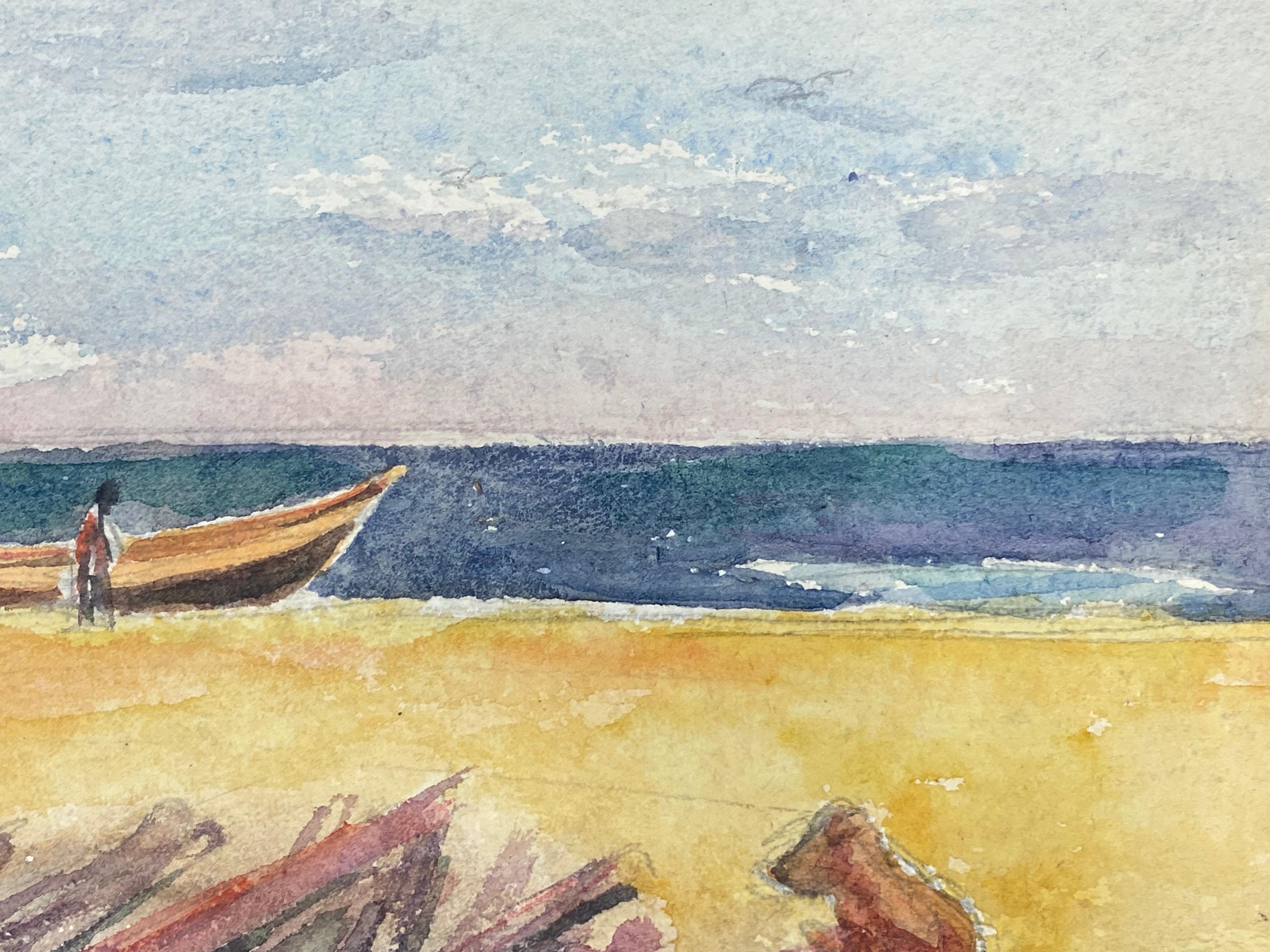 Figura en playa de arena Barco y perro, Pintura original expresionista francesa Otro en venta