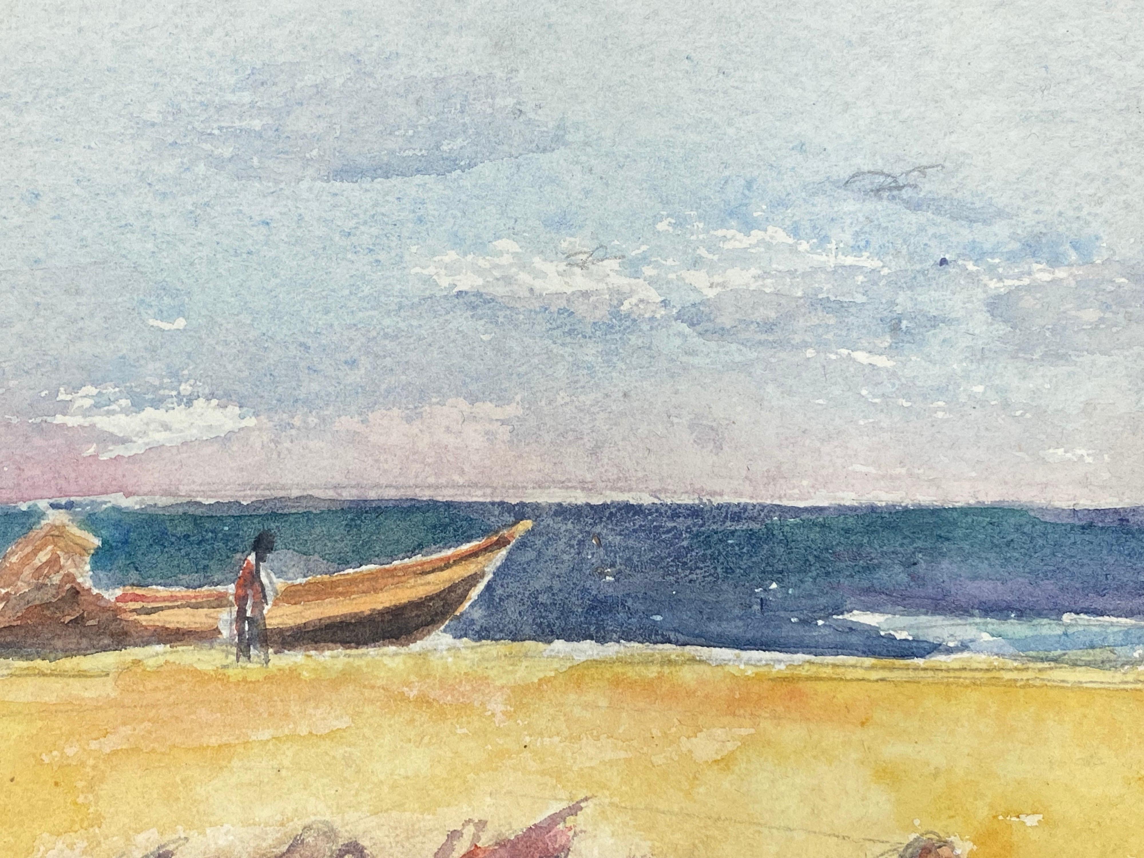 Figura en playa de arena Barco y perro, Pintura original expresionista francesa en venta 1