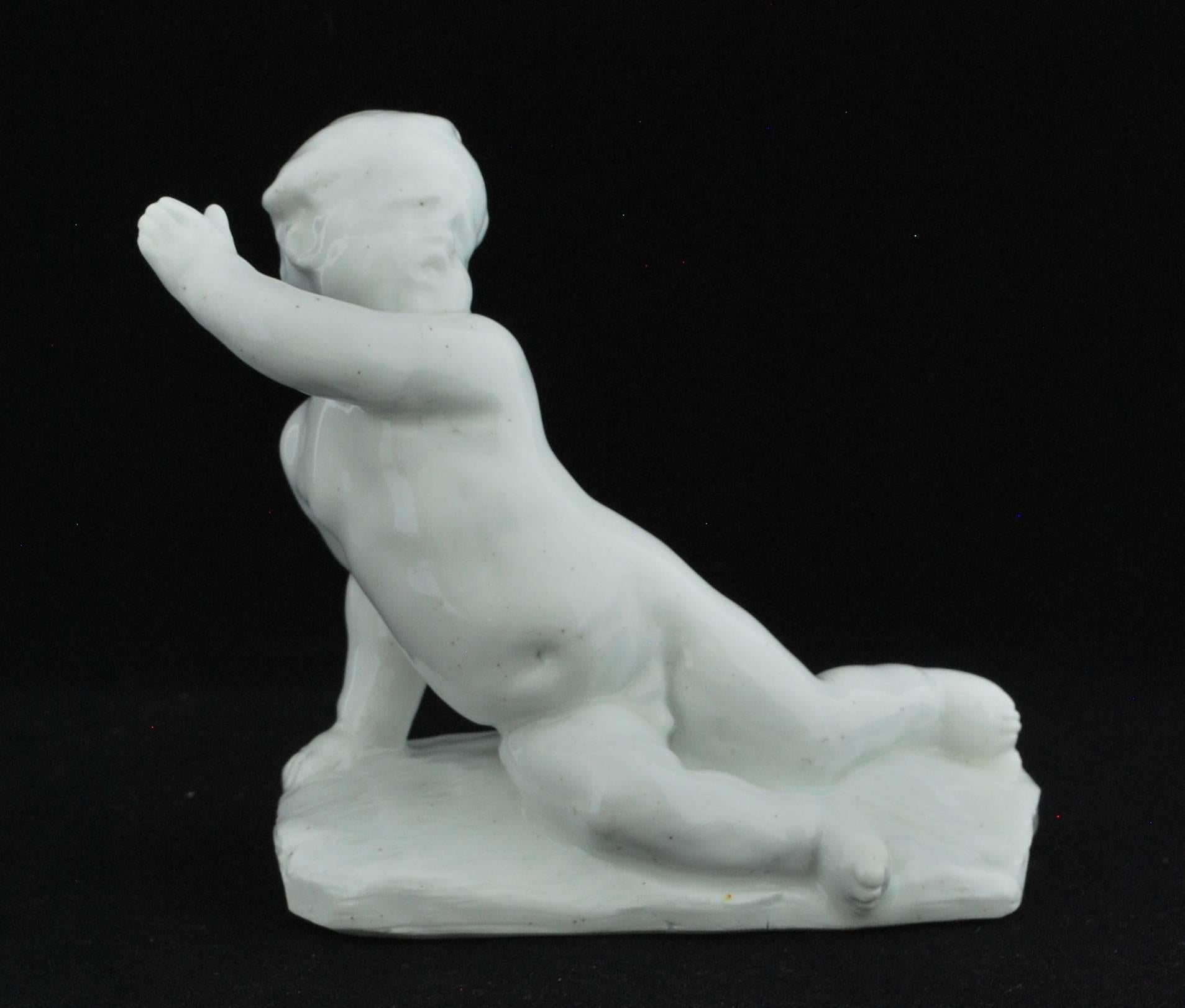 Presumably based on the work of the Flemish sculptor François Duquesnoy (1597-1643), also known as Il Fiammingo. 

A small series of Chelsea figures from the late 1740s was also based on his work; and Wedgwood also produced five examples.