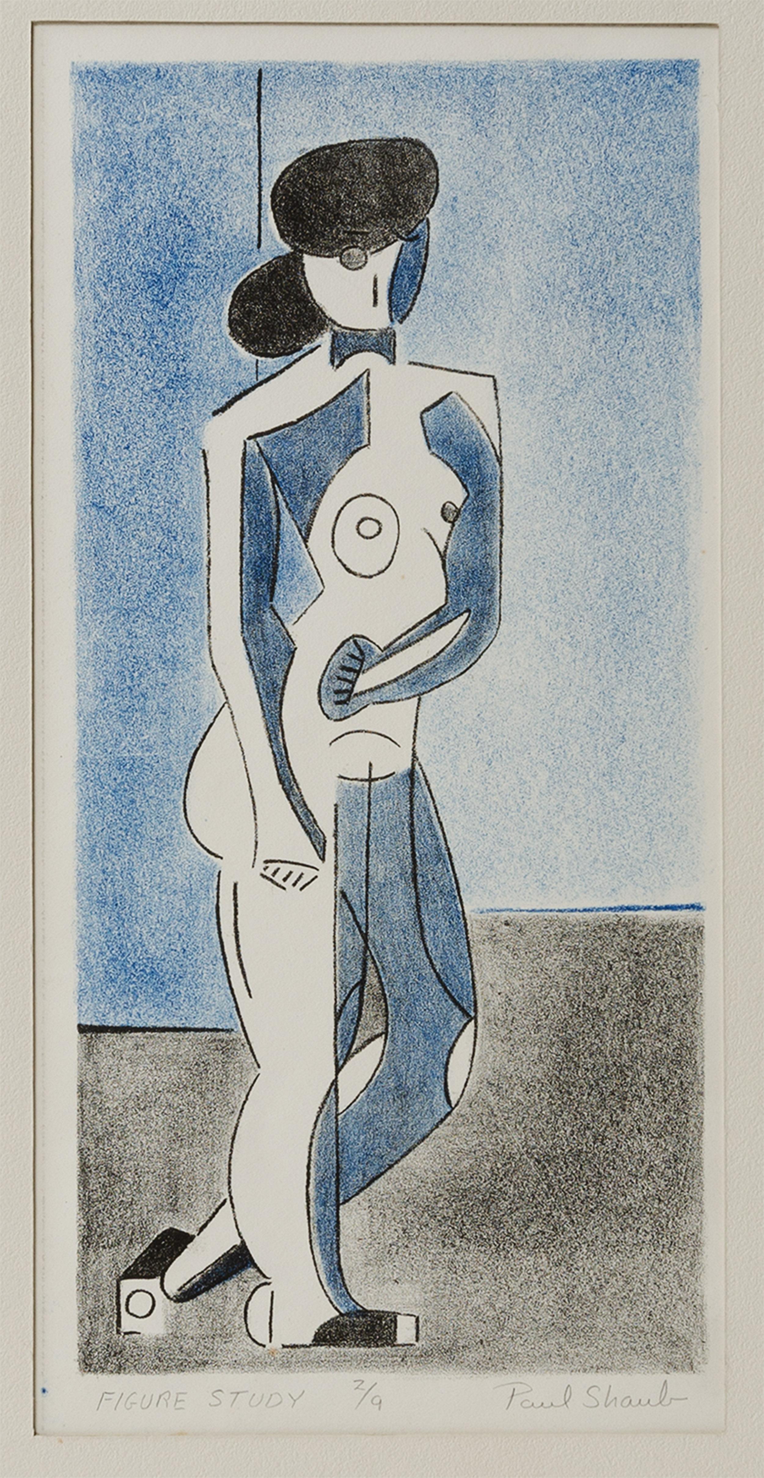 A signed limited edition matted print with a female figure in blue by Paul Shaub. 'Figure Study 2/9 Paul Shaub' written in pencil.