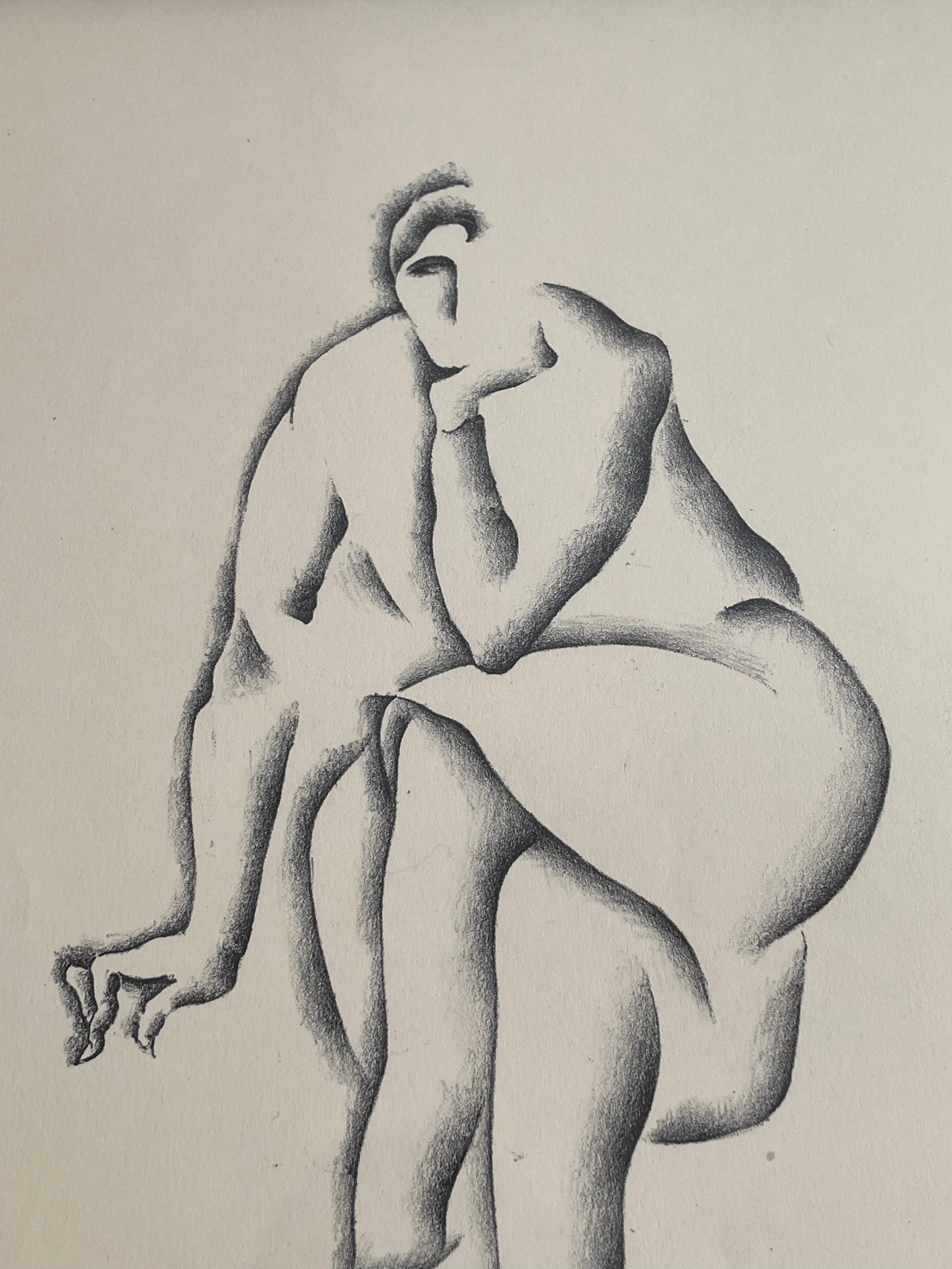 Charming drawing of a woman sitting and resting her head on her hand. This was done with a technique that provides us with very soft lines, almost airbrush-like. It's simple and precise.

William S. Schwartz (1896-1977) was a genre-bending