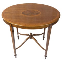 Antique Figured Mahogany and Satinwood-Inlaid Oval Occasional Table, English, ca. 1890