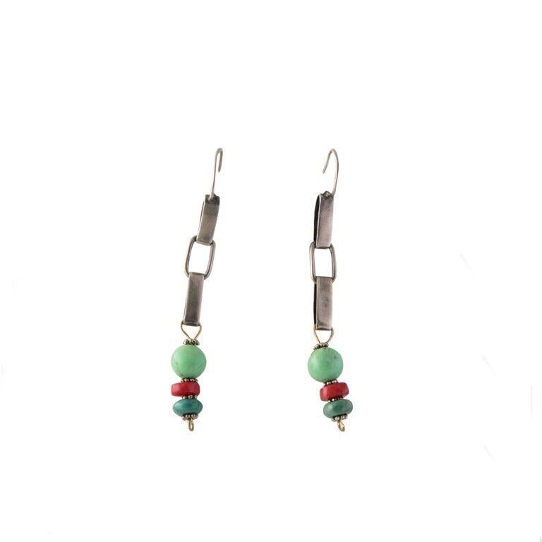 Modern Exolette Figured Turquoise Red Coral Green Turquoise Necklace Earring Set For Sale