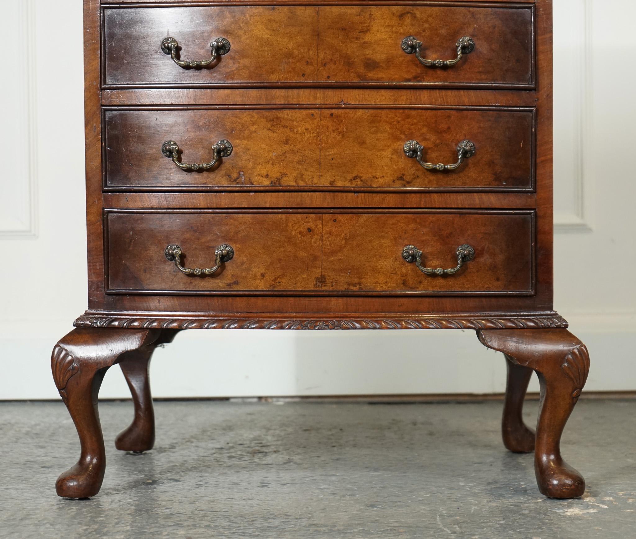 British FIGURED VICTORIAN WALNUT BOW FRONTED CHEST OF DRAWERS RAiSED ON QUEEN ANNE LEGS For Sale