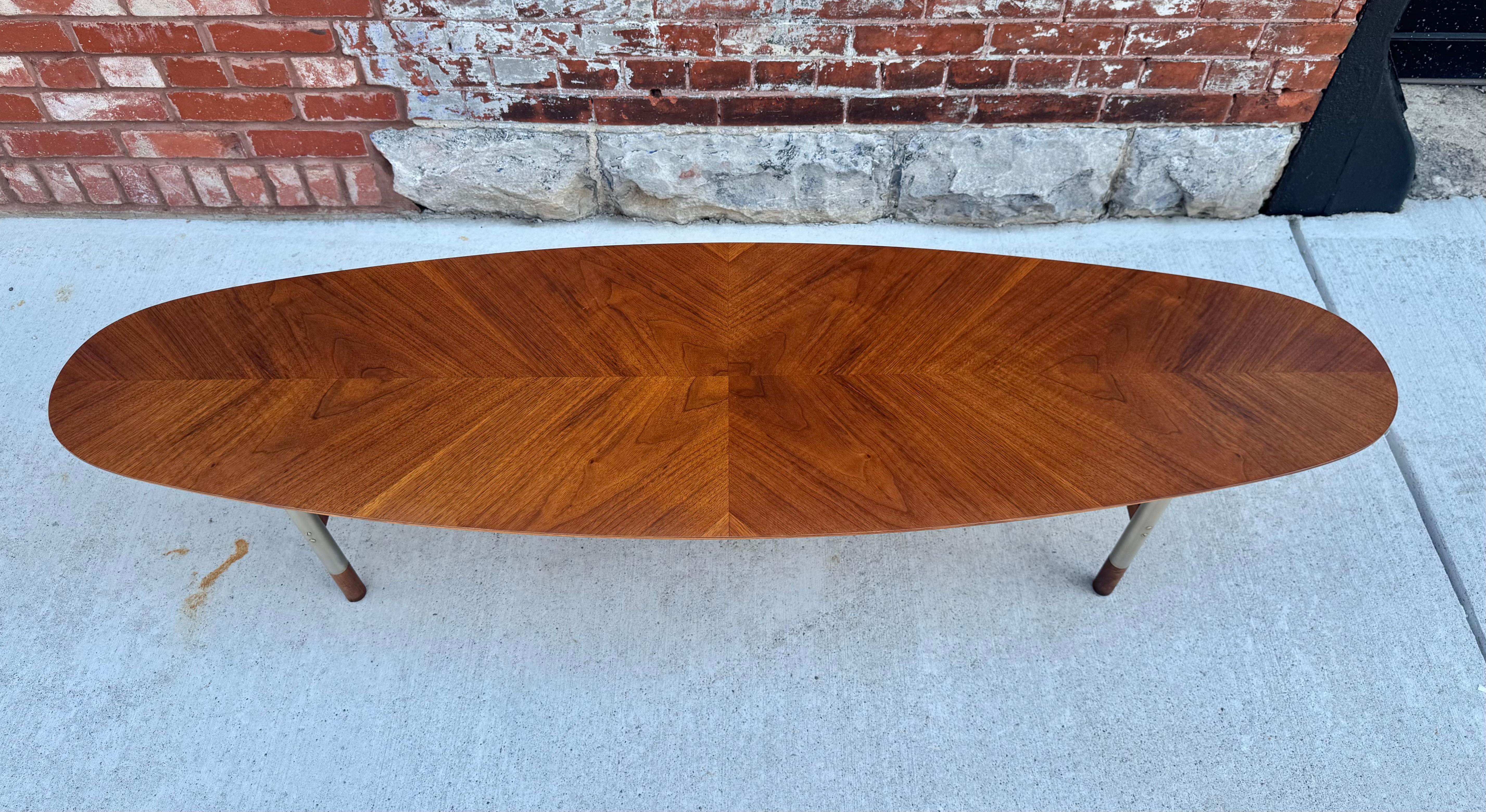 Figured Walnut and Stainless Steel Surfboard Table by Arne Vodder For Sale 4