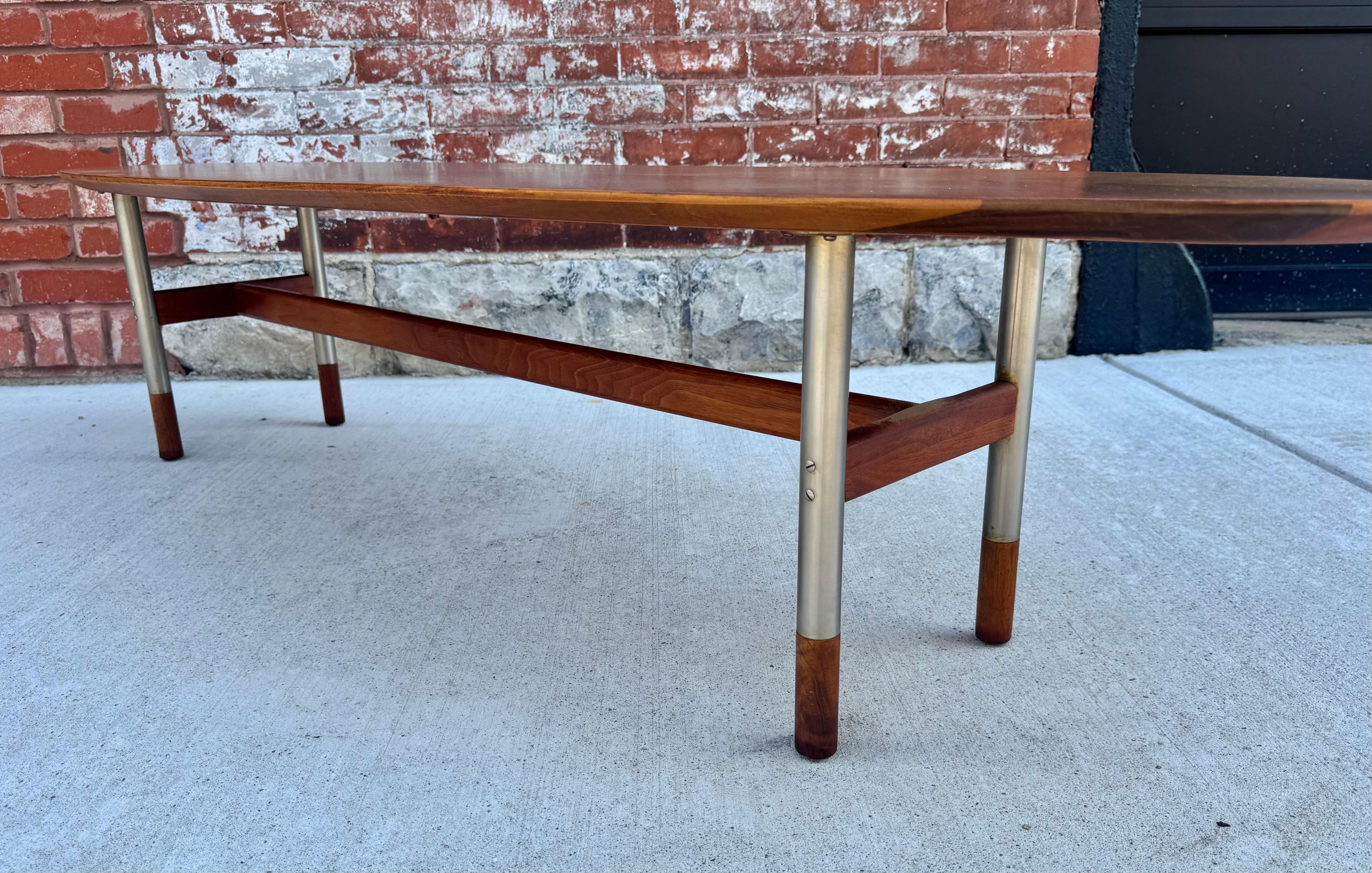 Figured Walnut and Stainless Steel Surfboard Table by Arne Vodder For Sale 1