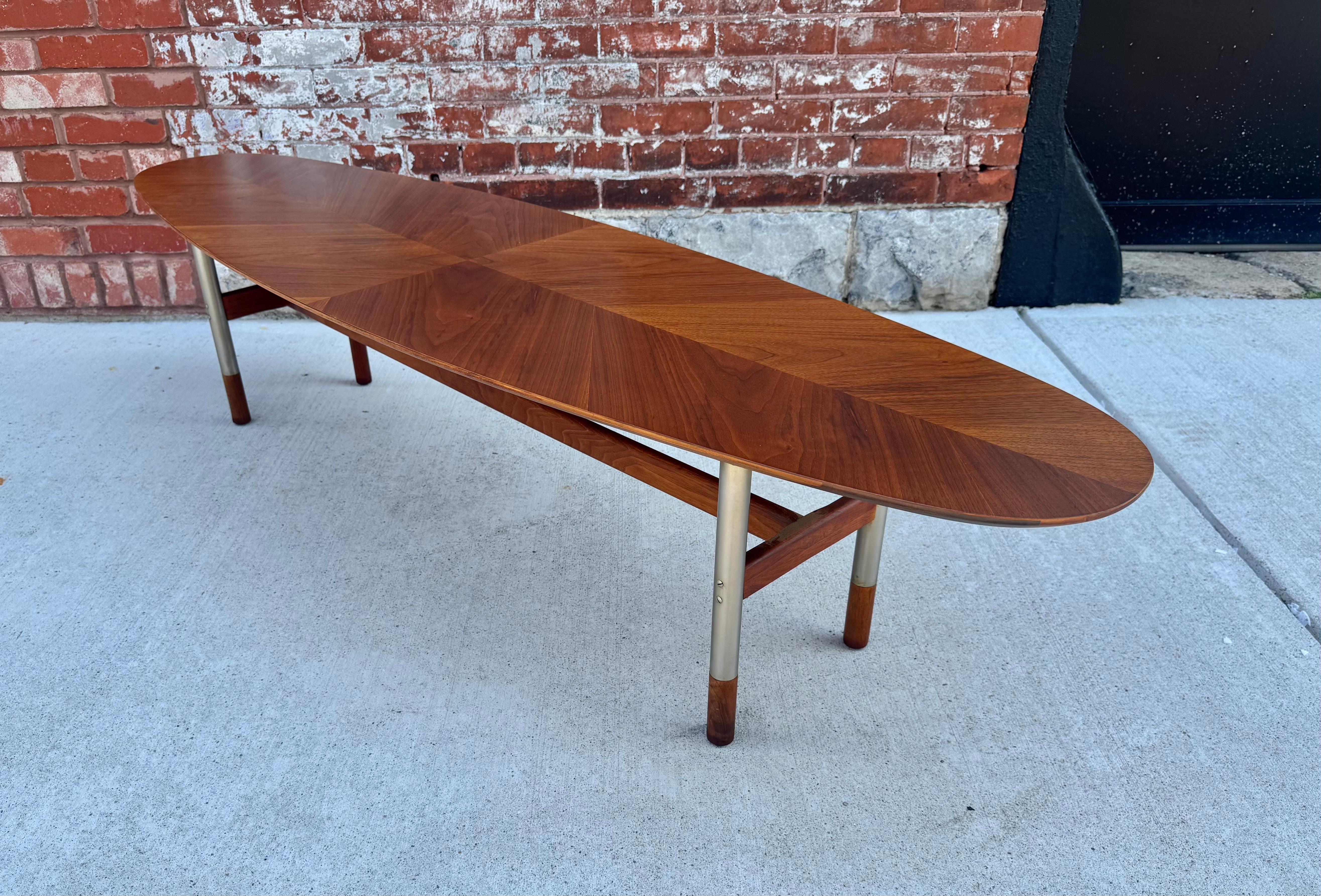 Figured Walnut and Stainless Steel Surfboard Table by Arne Vodder For Sale 2
