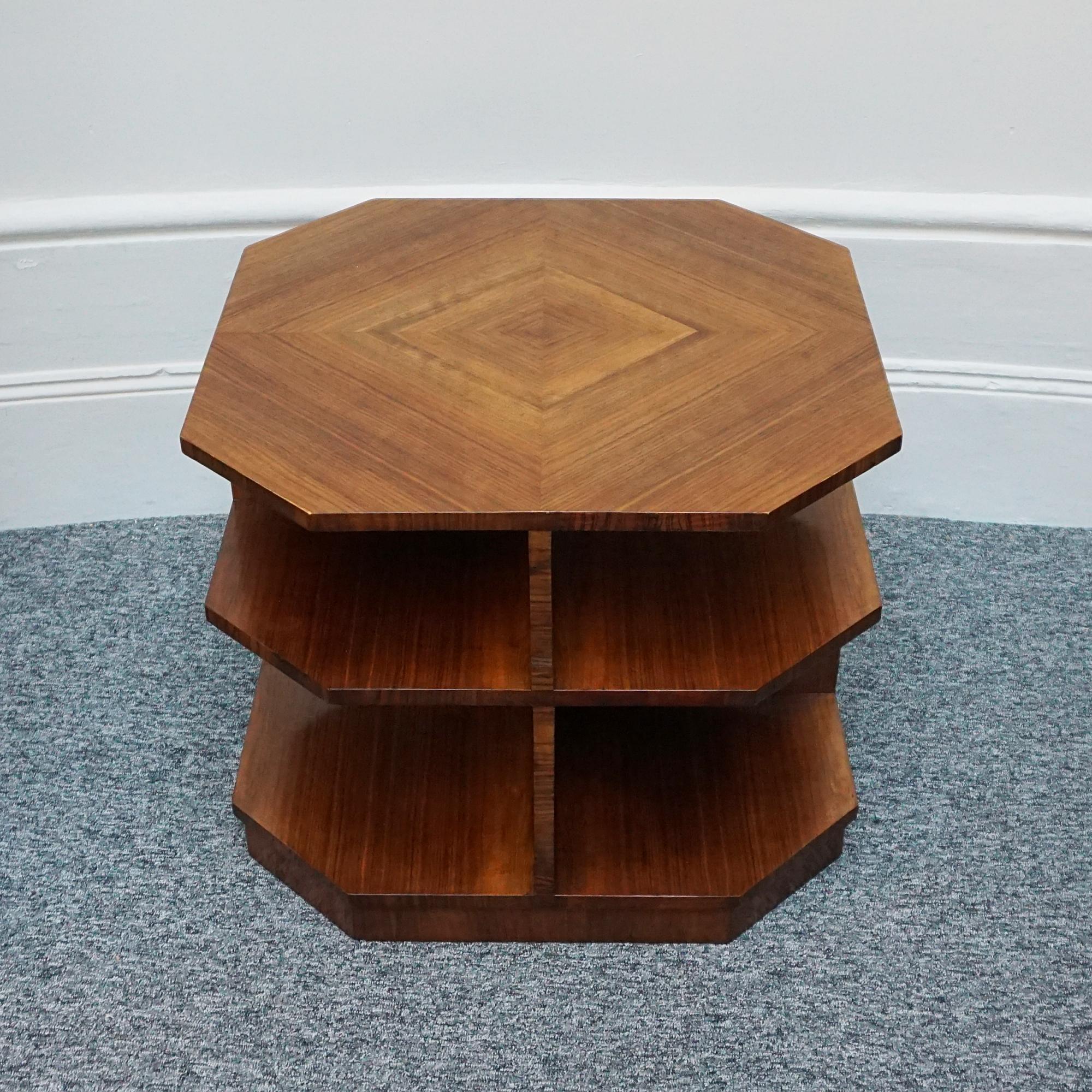 English Figured Walnut Art Deco Three-Tier Library Table  For Sale