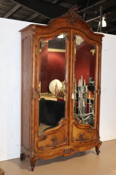 Figured Walnut Beveled Mirror Two Door French Louis XV Armoire, Circa 1890