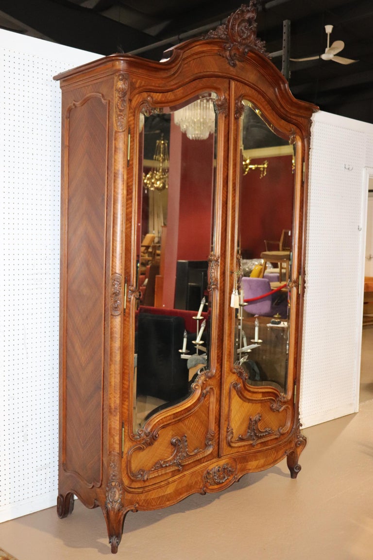 Figured Walnut Beveled Mirror Two Door French Louis XV Armoire, Circa