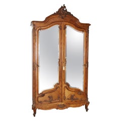 Figured Walnut Beveled Mirror Two Door French Louis XV Armoire, Circa 1890