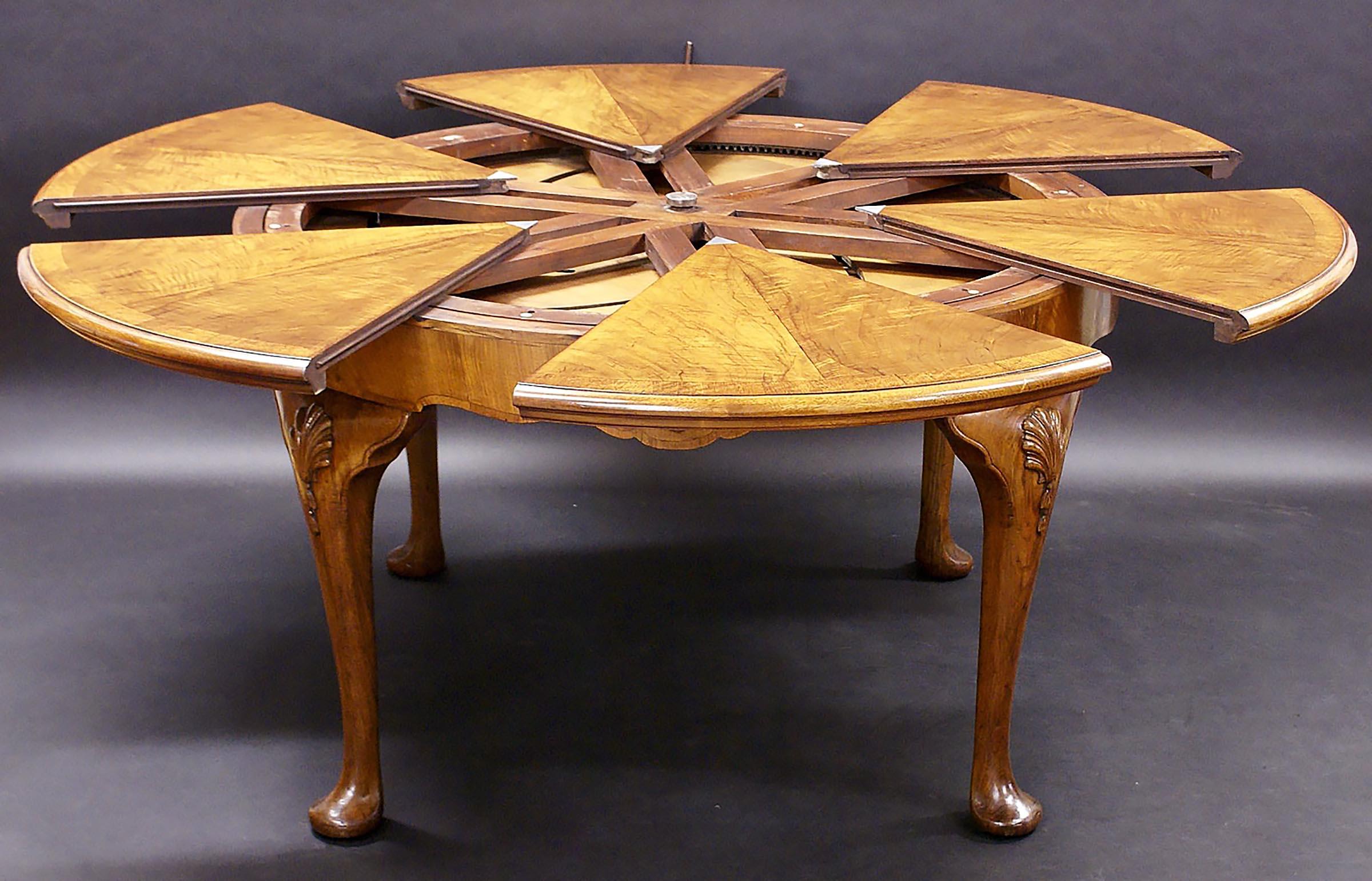 English Figured Walnut Extending Circular Table by Gillows