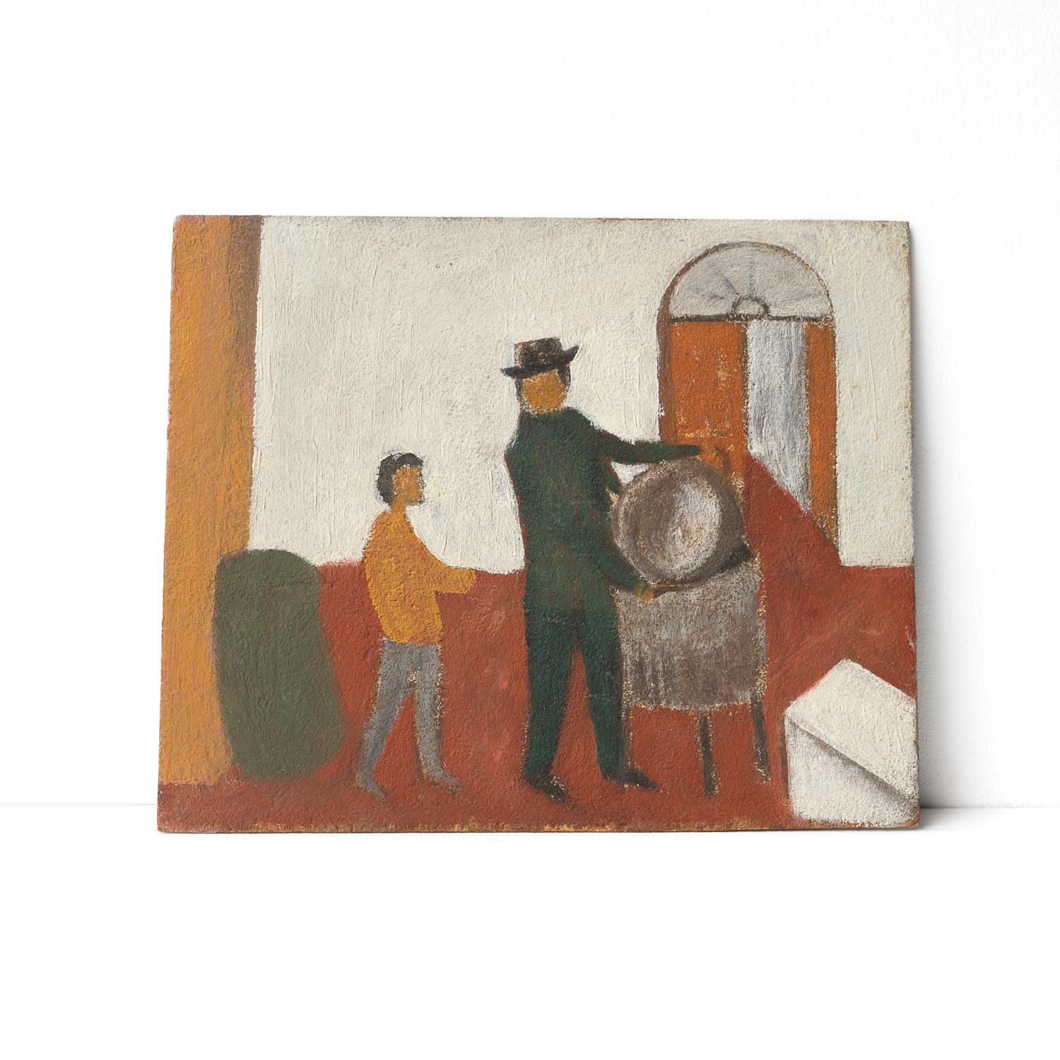 ORIGINAL OIL ON PANEL PORTRAIT PAINTING

Depicting two figures, an adult with a hat on and a child in an Italian interior performing some form of domestic task.

Painted in a naive, almost childlike style with simple lines and blocks of colour in