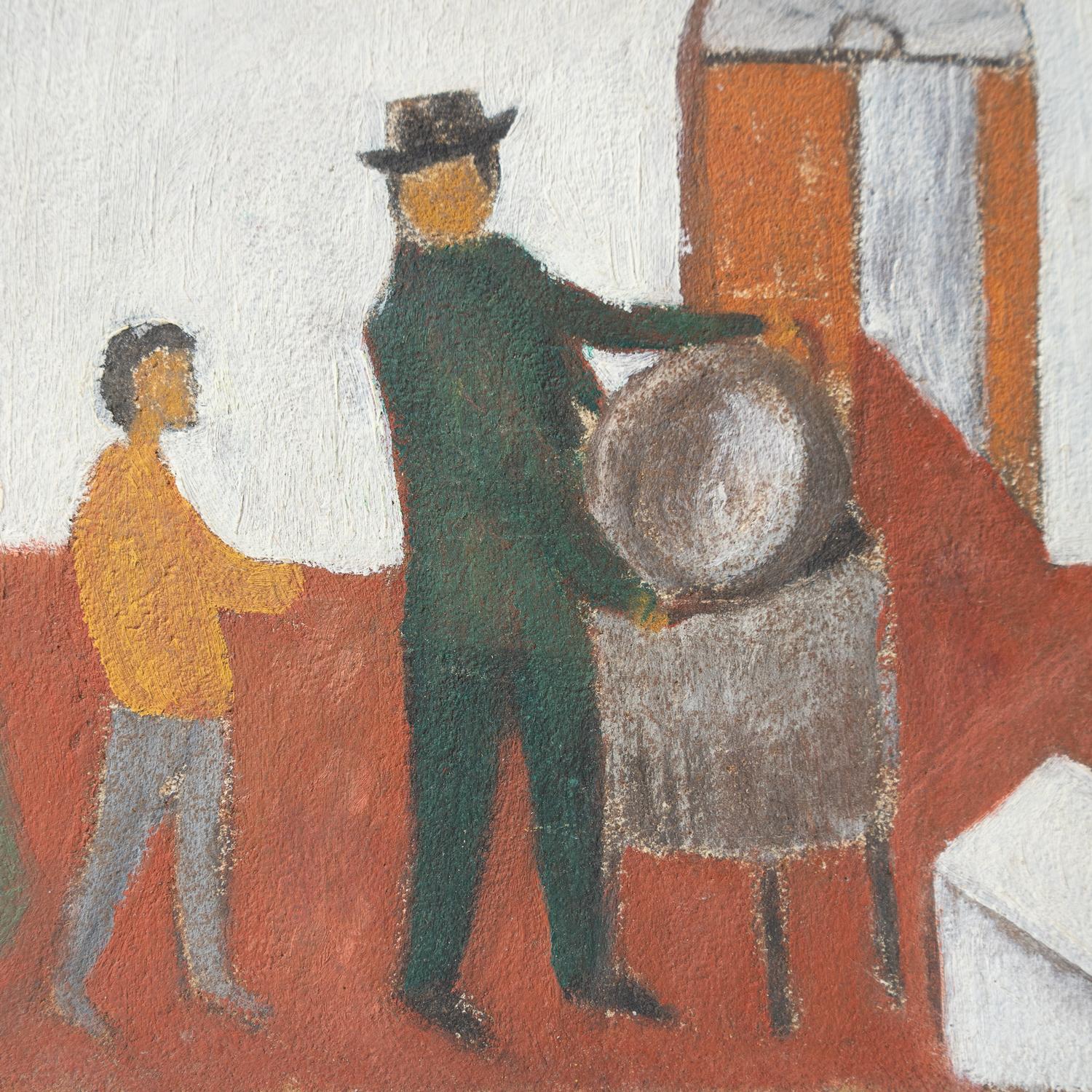 Hand-Painted Figures in an Interior, Original Italian Expressionist Mid Century Oil Painting