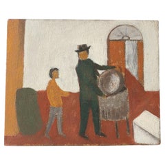 Retro Figures in an Interior, Original Italian Expressionist Mid Century Oil Painting