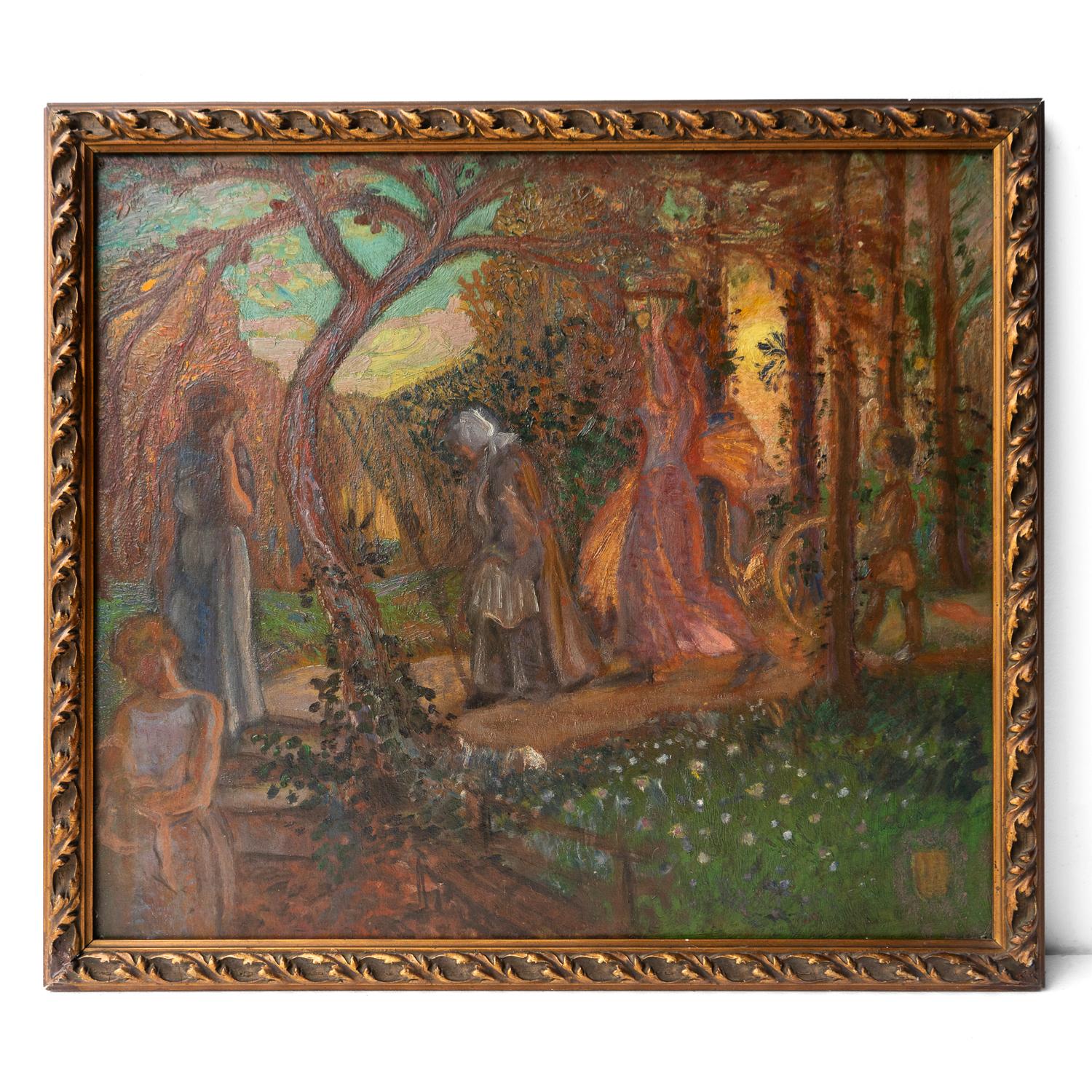 Antique oil on board painting by James Joshua Guthrie (1874-1952).

An extremely romantic image depicting various figures of different ages walking a path through the woods at sunset. Probably in Flansham, West Sussex.

The artist has really managed