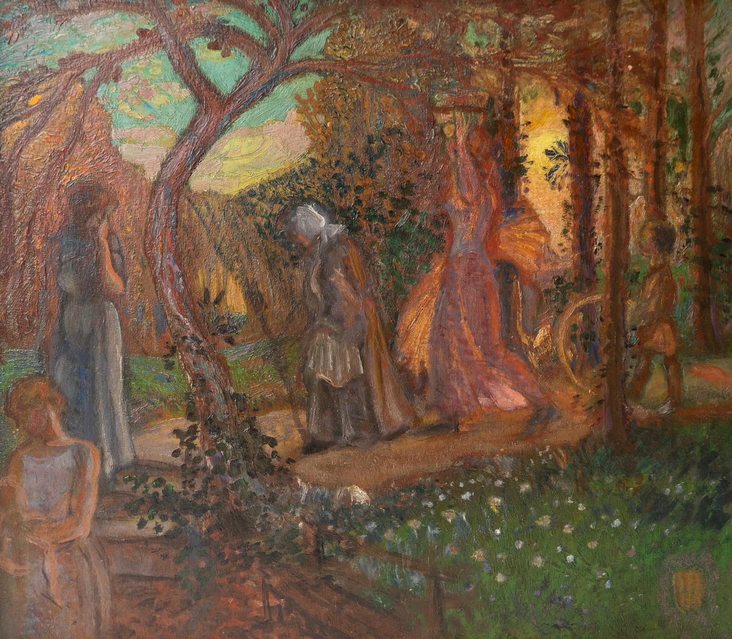 Hand-Painted  Figures In The Woods By James Joshua Guthrie, Original Antique Oil Painting For Sale