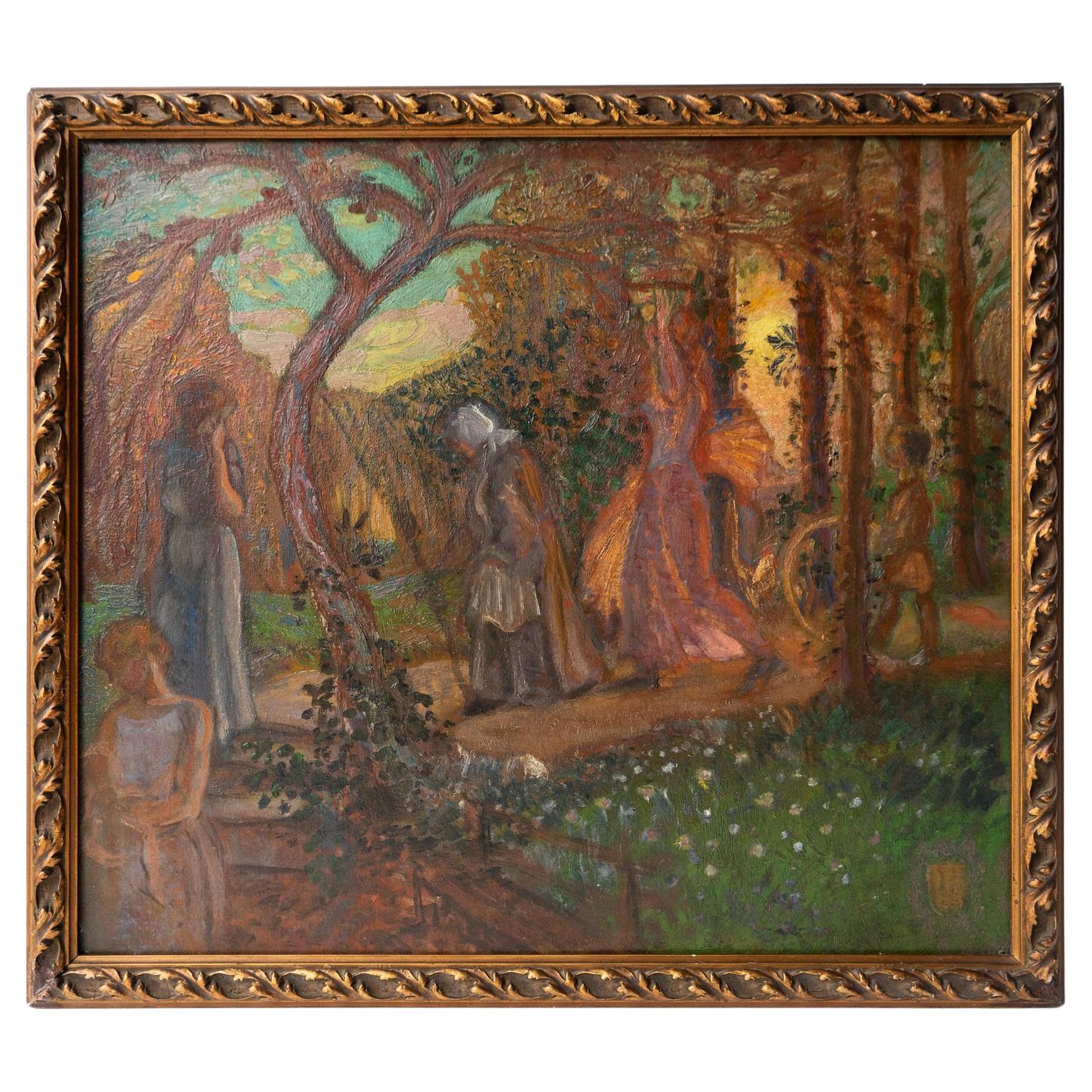  Figures In The Woods By James Joshua Guthrie, Original Antique Oil Painting For Sale