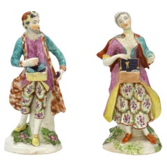 Antique Figures of a Jewish Porcelain  Peddler and his Wife, Derby, England, Circa 1770