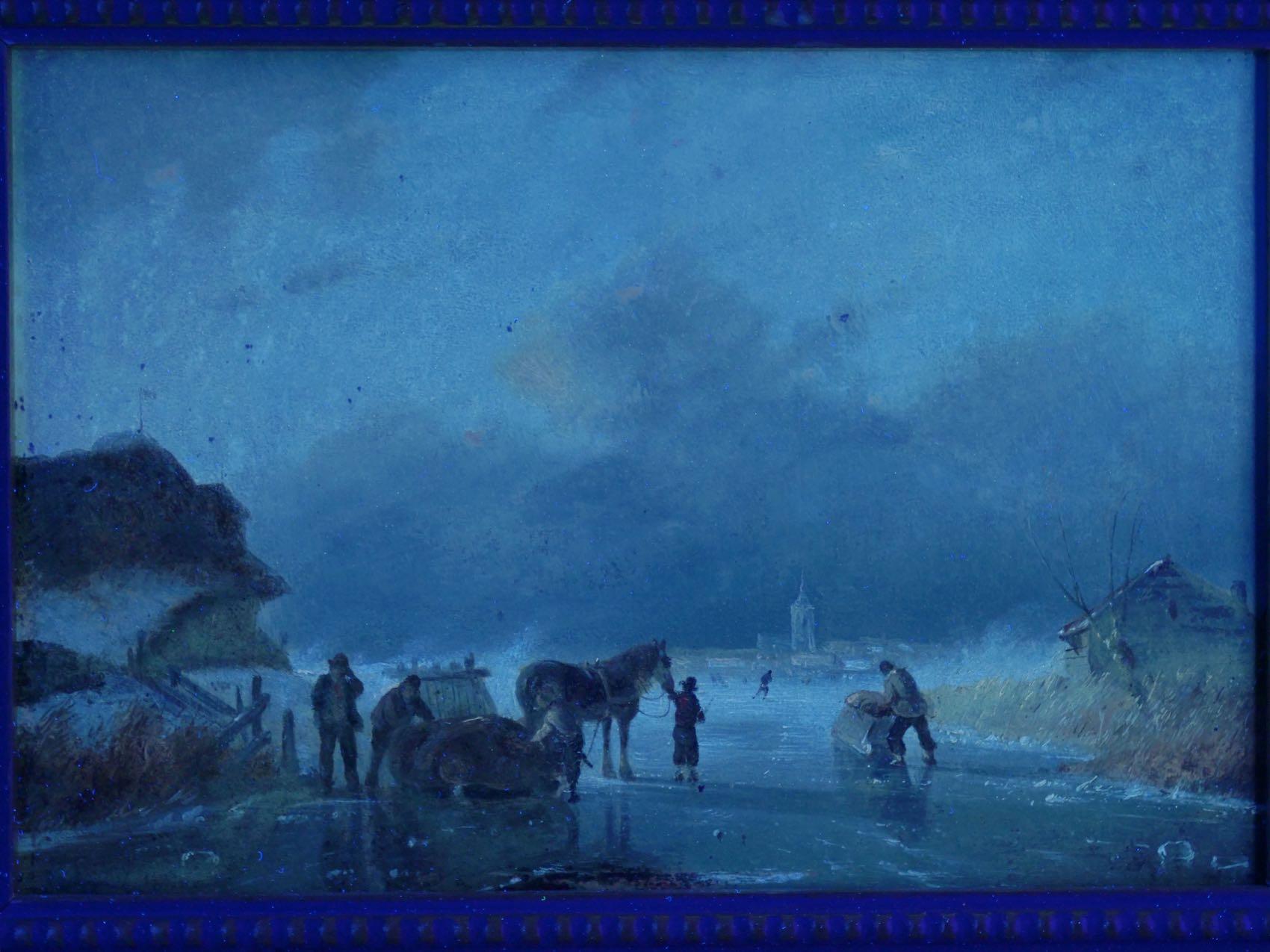 “Figures on Frozen Lake” Winter Landscape Painting, Dutch, 19th Century 10