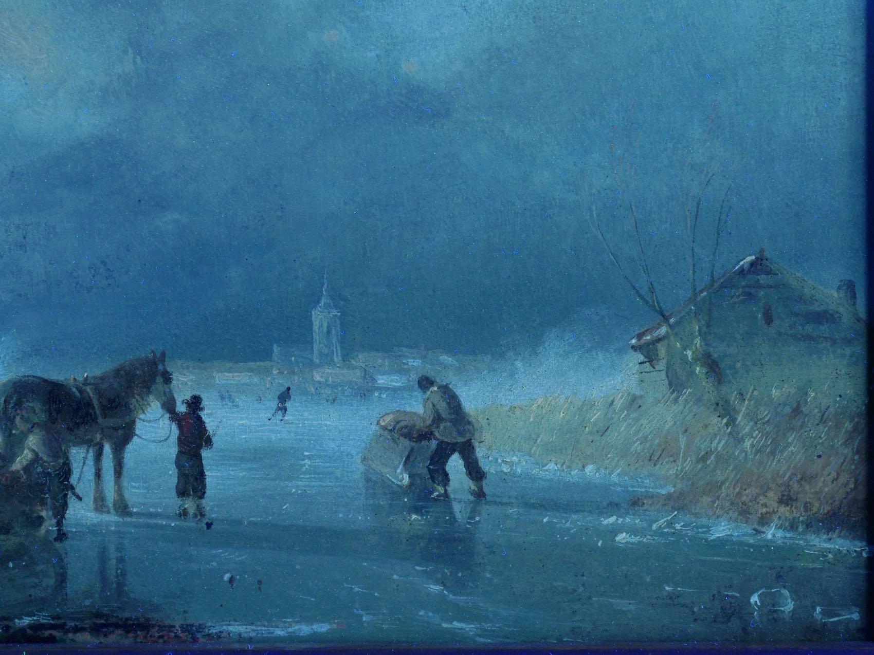 “Figures on Frozen Lake” Winter Landscape Painting, Dutch, 19th Century 12