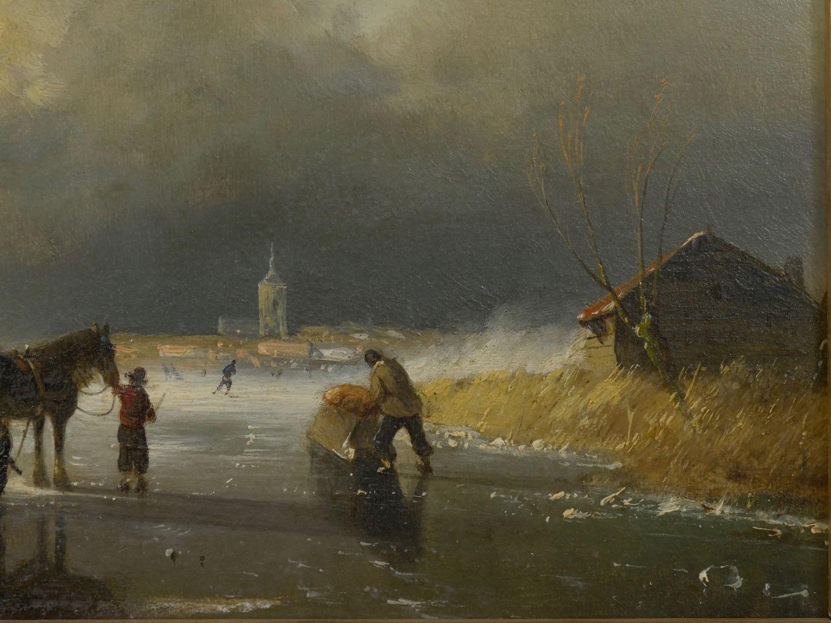 Hand-Painted “Figures on Frozen Lake” Winter Landscape Painting, Dutch, 19th Century