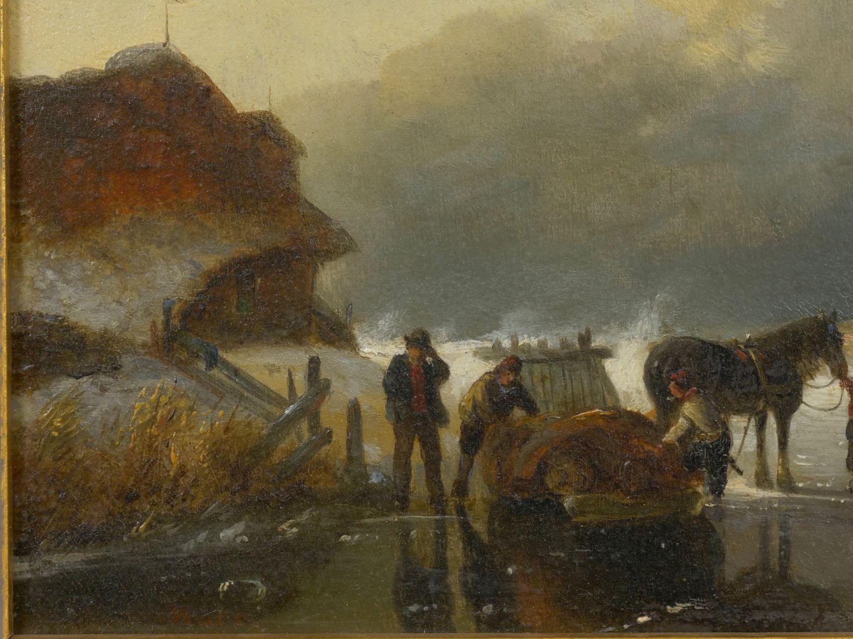 “Figures on Frozen Lake” Winter Landscape Painting, Dutch, 19th Century In Good Condition In Shippensburg, PA
