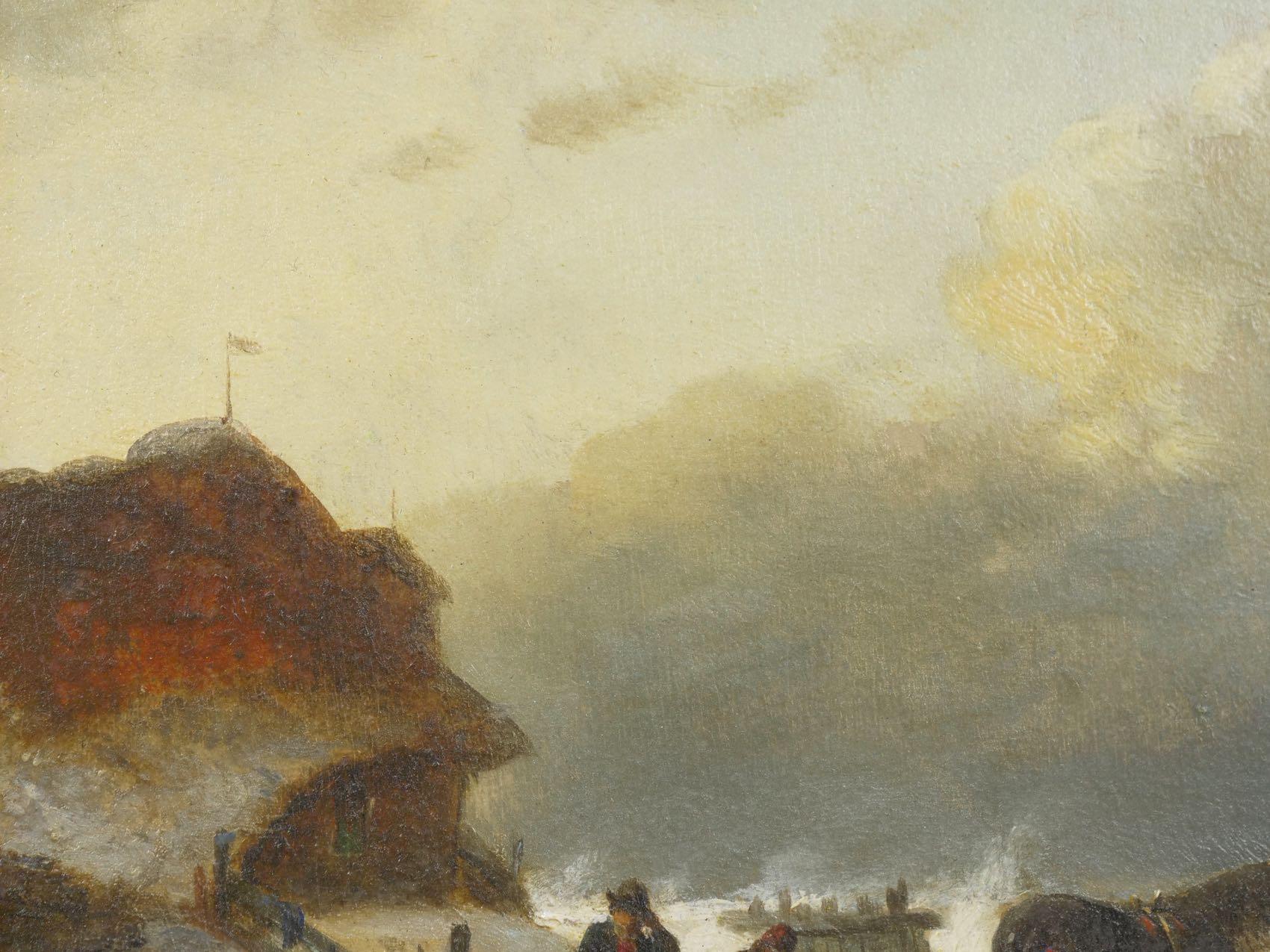 “Figures on Frozen Lake” Winter Landscape Painting, Dutch, 19th Century 3