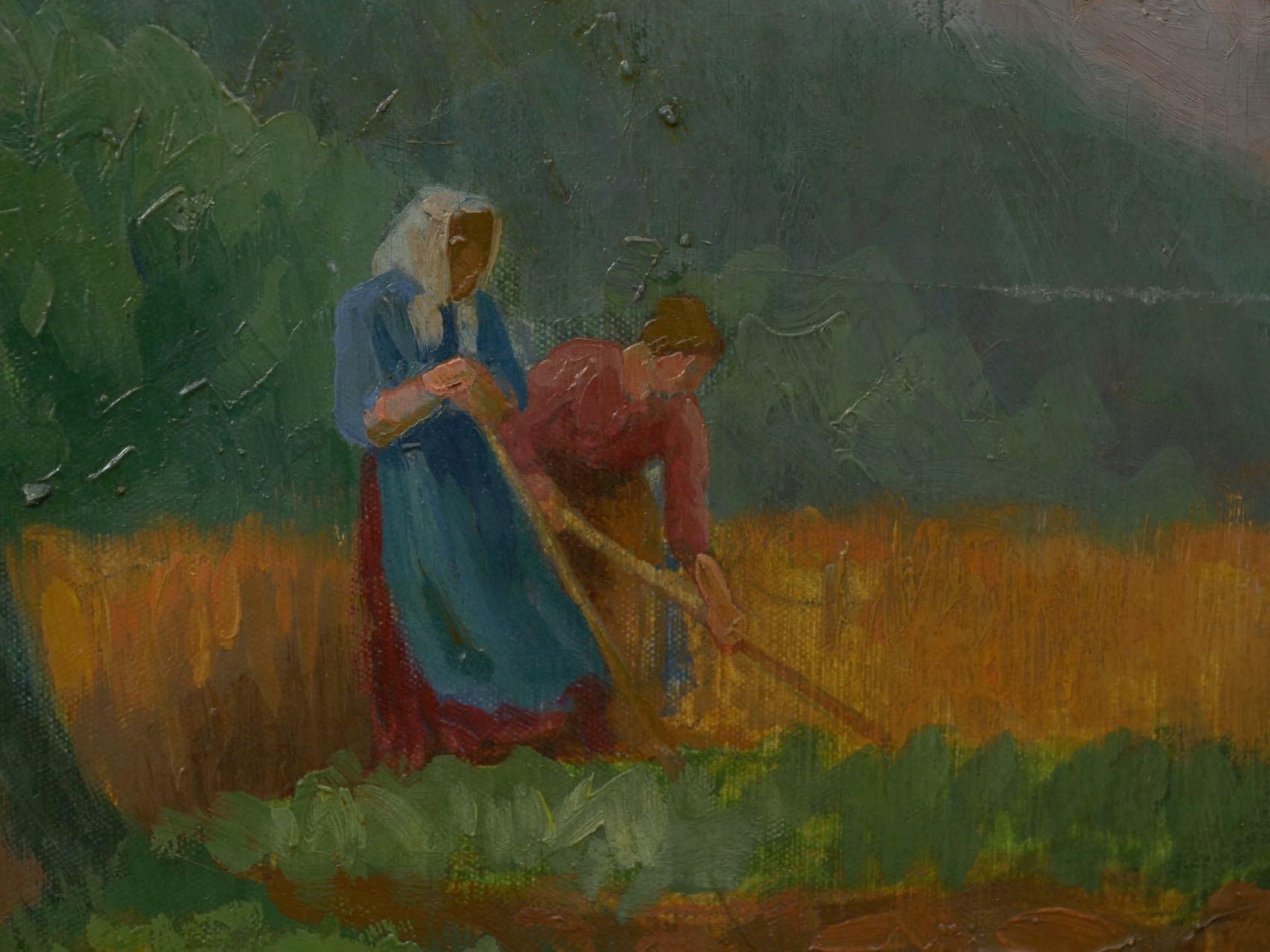 “Figures Working the Field” Antique Oil Landscape Painting by Johannes Lippmann 8