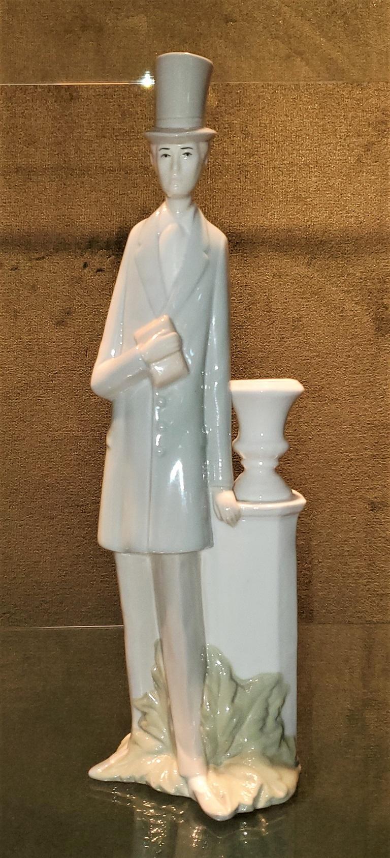 Hand-Painted Figurine by Porcelanas Miguel Requena of Gentleman with Candlestick Jardinière For Sale