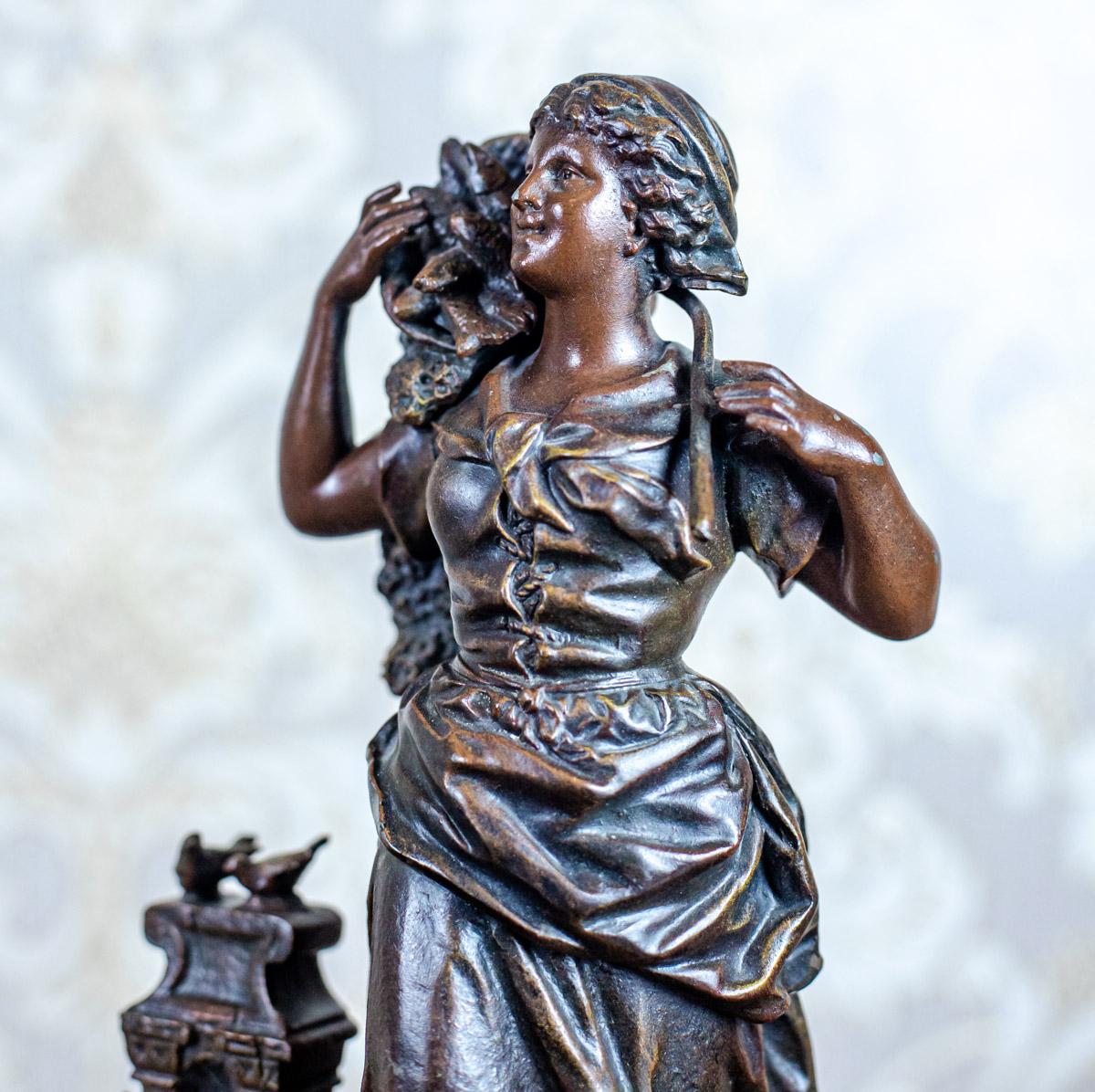 Spelter Figurine of a Woman with a Basket of Fish, E. Rancoulet For Sale