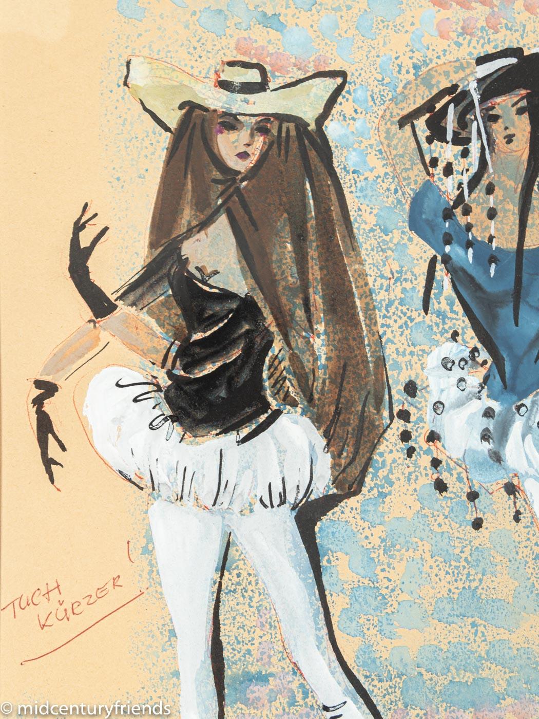 Figurine Staatsoper München Gouache on Paper Framed 1959 Handwritten Notes In Good Condition For Sale In Neuss, NW