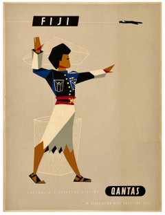 FIJI QANTAS Original Vintage Airline Travel Tourism Poster MCM 15" x 20"