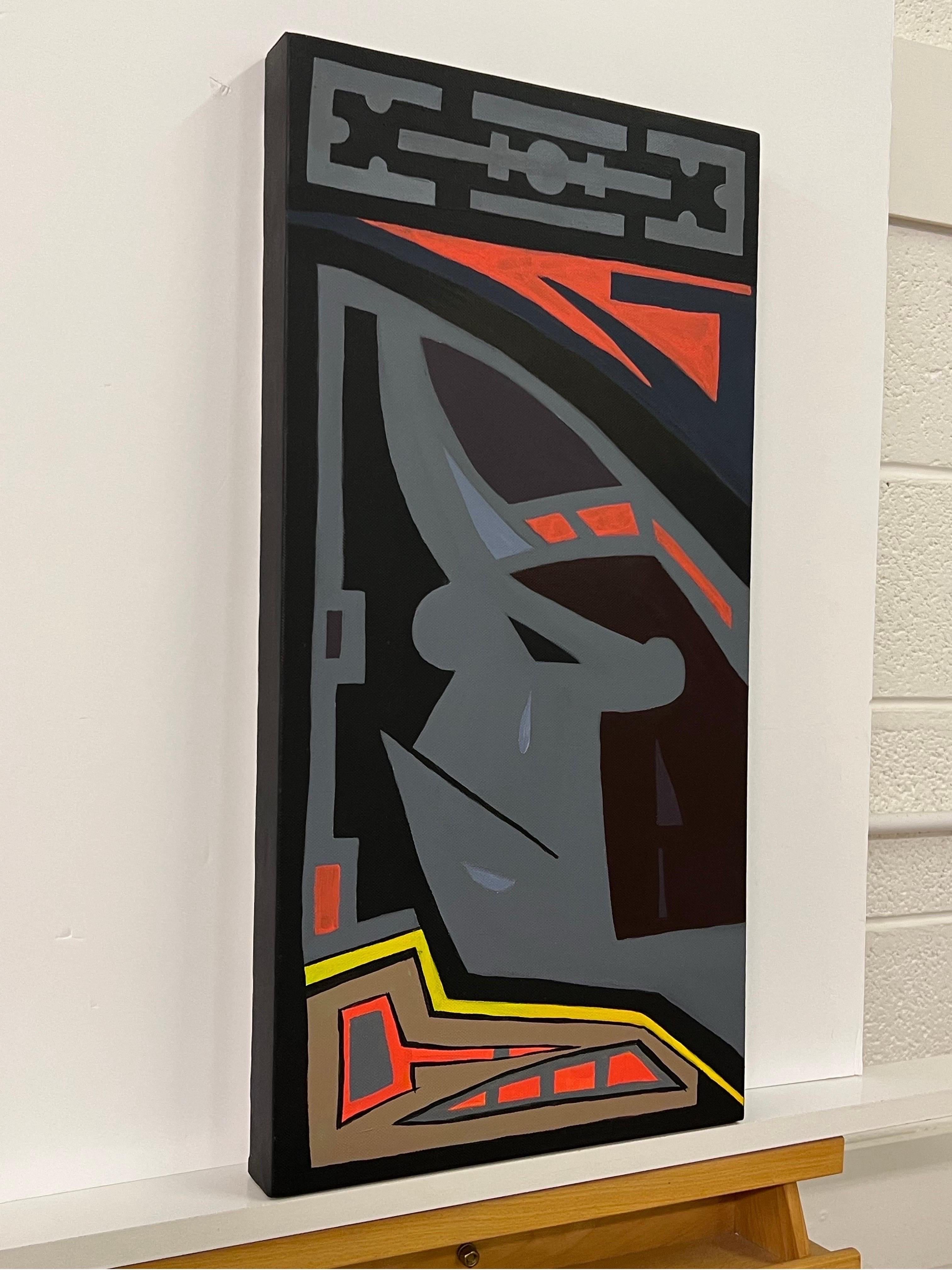 'Crying Aztec' Tribal Cartoon Painting on Canvas by Contemporary British Artist. A thought-provoking surreal & playful reference to the concept of Ancient Astronauts using stone grey, black, orange & yellow colours. This is a unique original