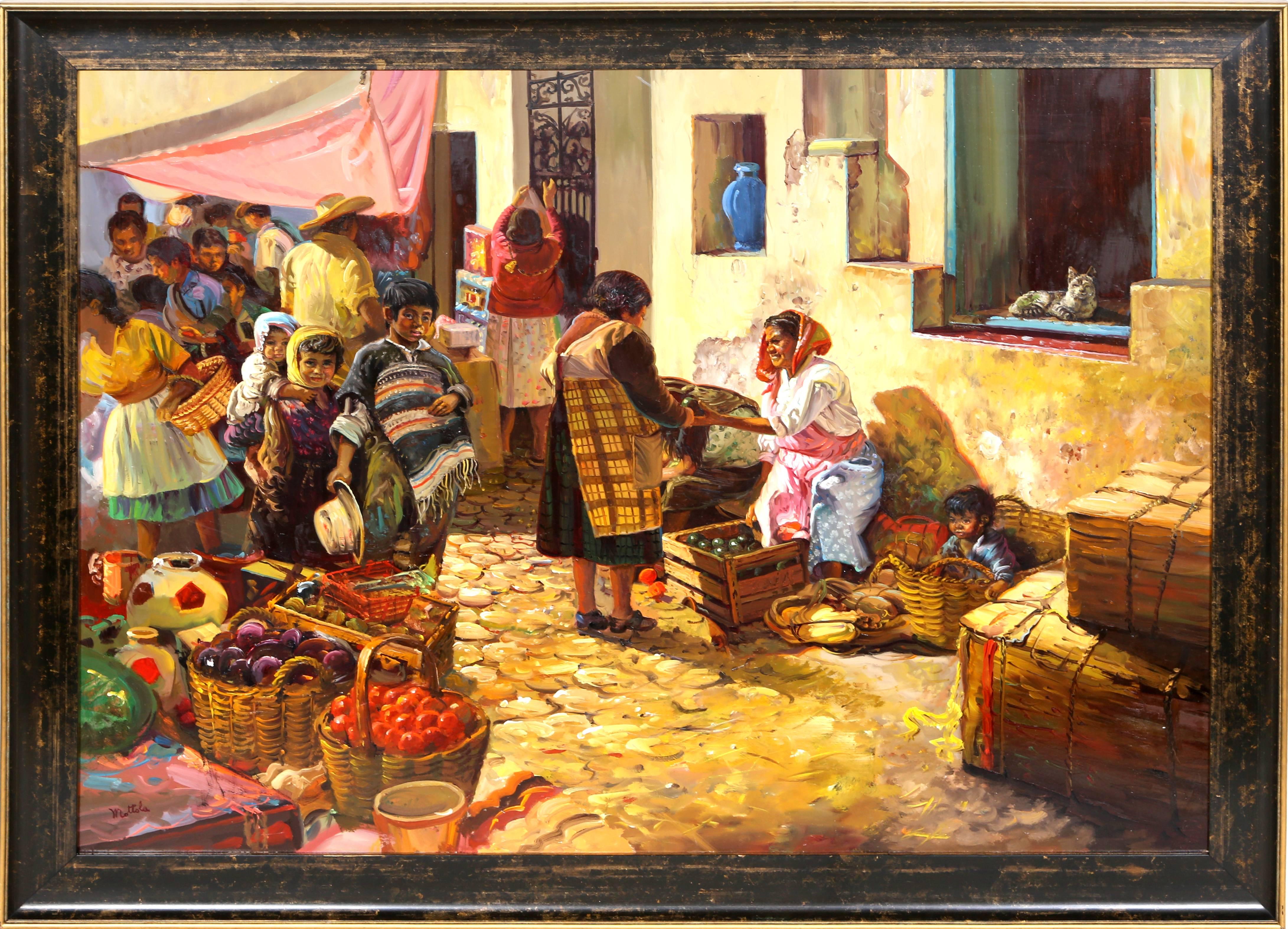 Artiste : Fil Mottola, américain (1915 - 2008)
Titre : Place du marché, Taxco, Mexique
Médium : Huile sur Masonite, signé à gauche.
Taille : 76 x 102,5 cm [30 x 40 pouces] 
Encadré : 96,5 x 122 cm [38 x 48 pouces] 