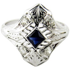 Vintage Filagree 18 Karat White Gold Blue Sapphire and Diamond Ring