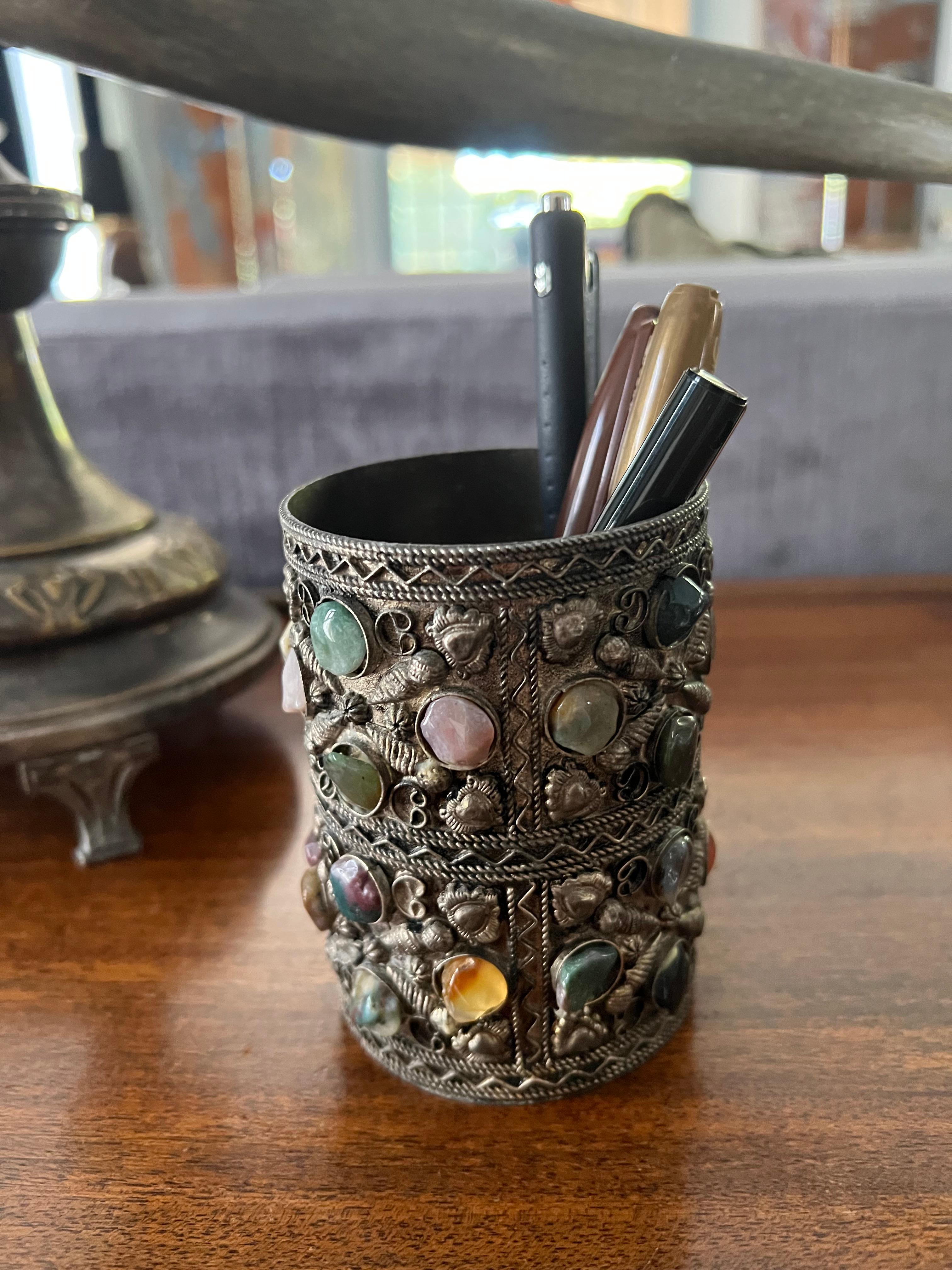 A filagree cup with semi precious stones - a wonderful piece for the kitchen, work center or desk - could also be a vase.