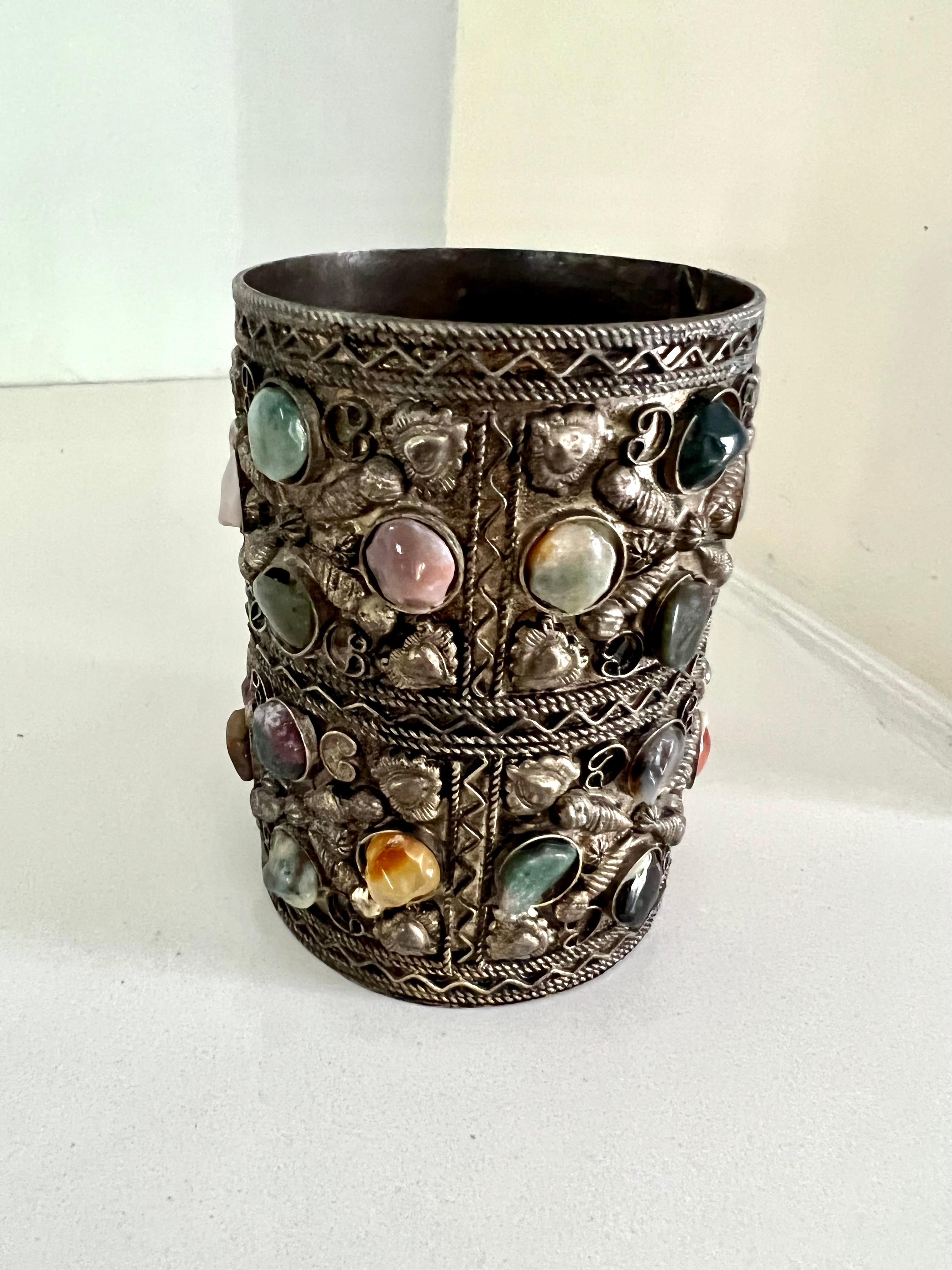 Mid-Century Modern Filagree Desk Cup with Semi Precious Stones