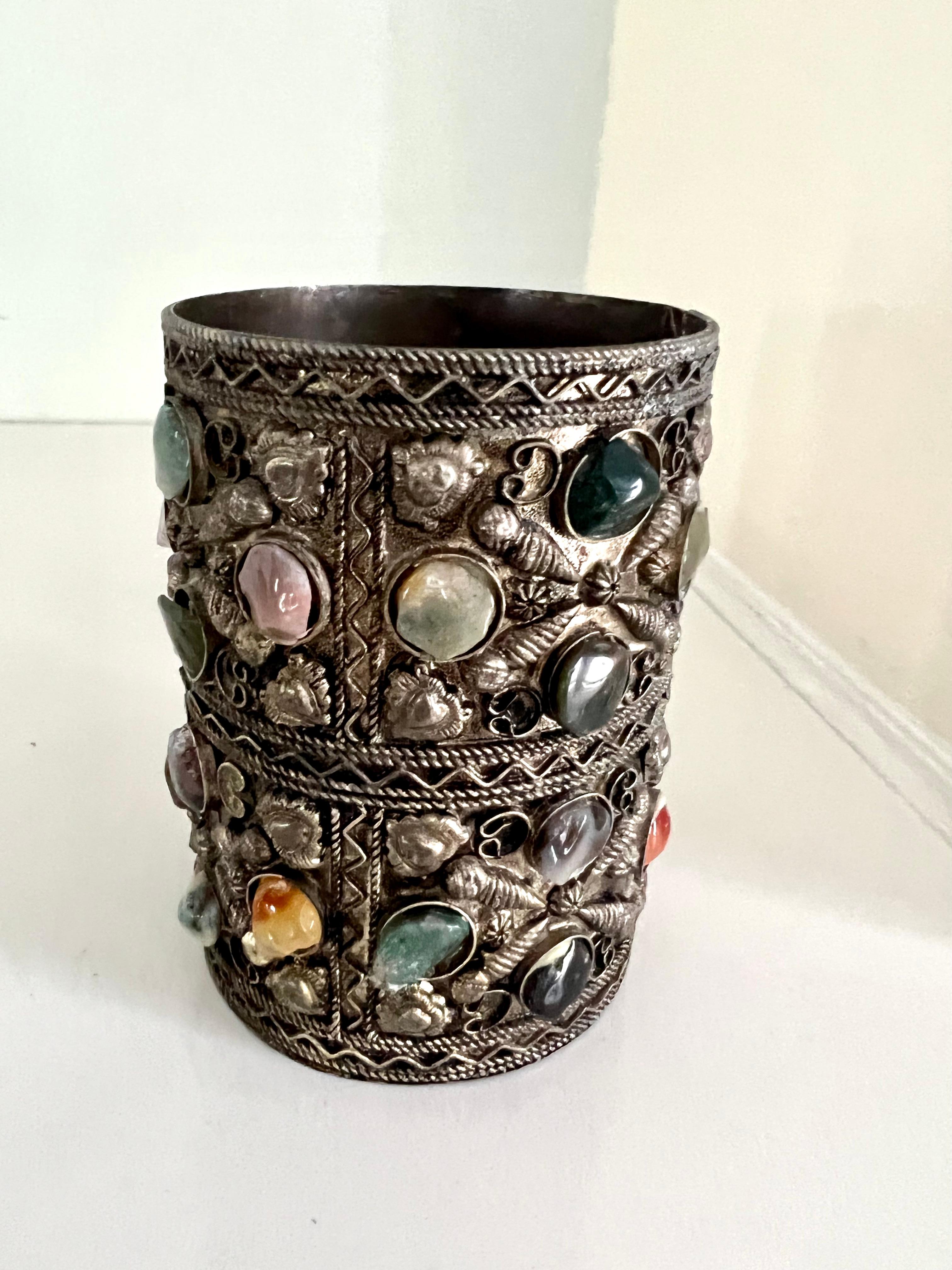 Persian Filagree Desk Cup with Semi Precious Stones